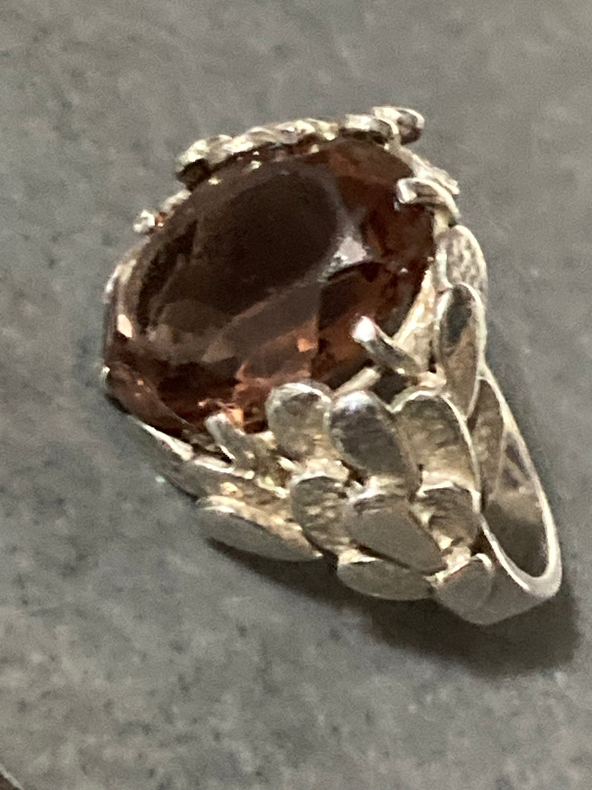Modernist Brown Topaz Quartz Ring: Chunky Sterling Silver Brutalist Jewelry