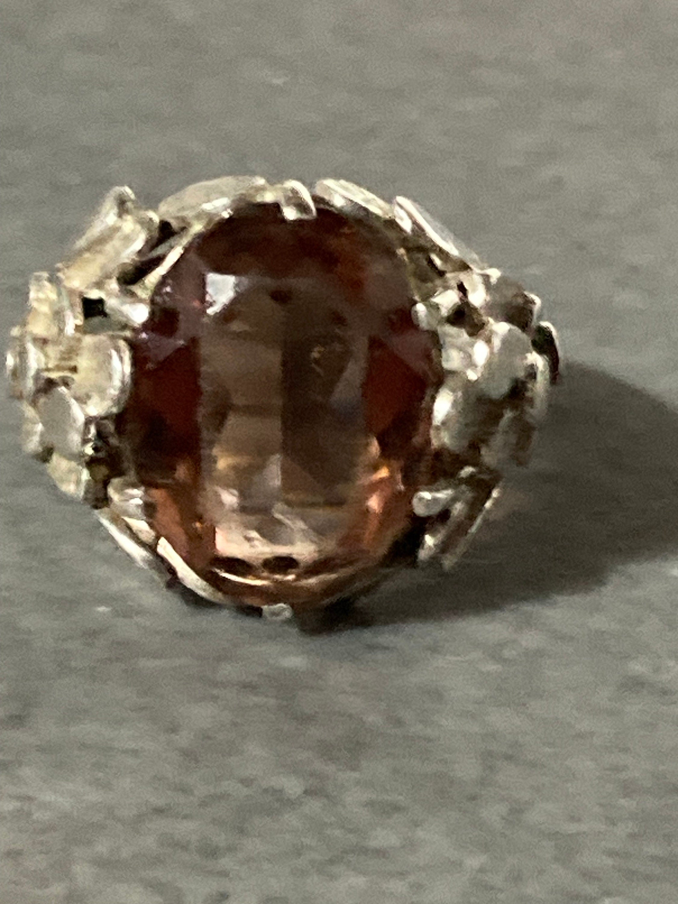 Modernist Brown Topaz Quartz Ring: Chunky Sterling Silver Brutalist Jewelry