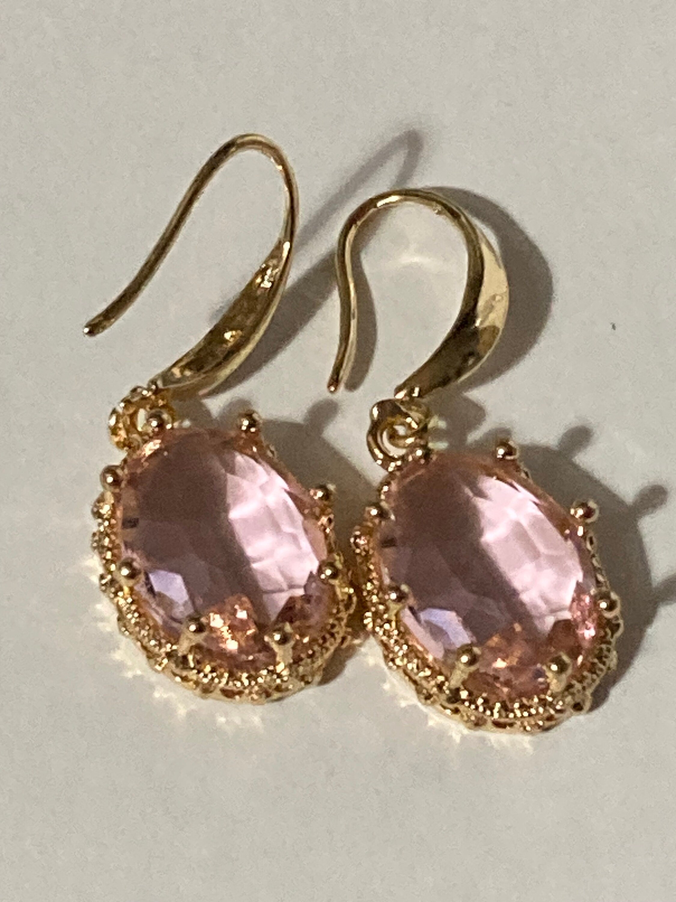 18k gold plated Soft pink crystal diamanté ornate cabochon drop charm earrings