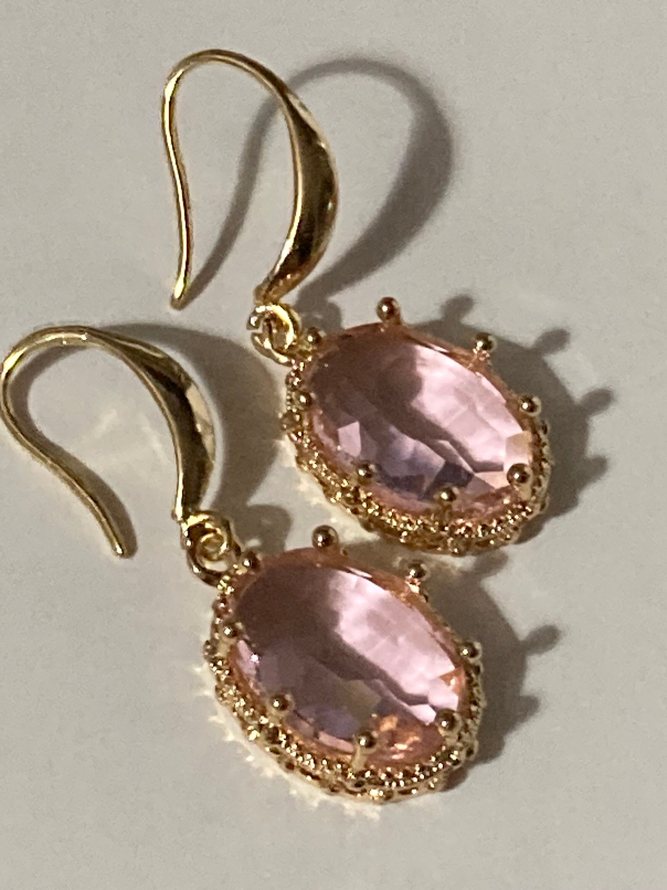 18k gold plated Soft pink crystal diamanté ornate cabochon drop charm earrings