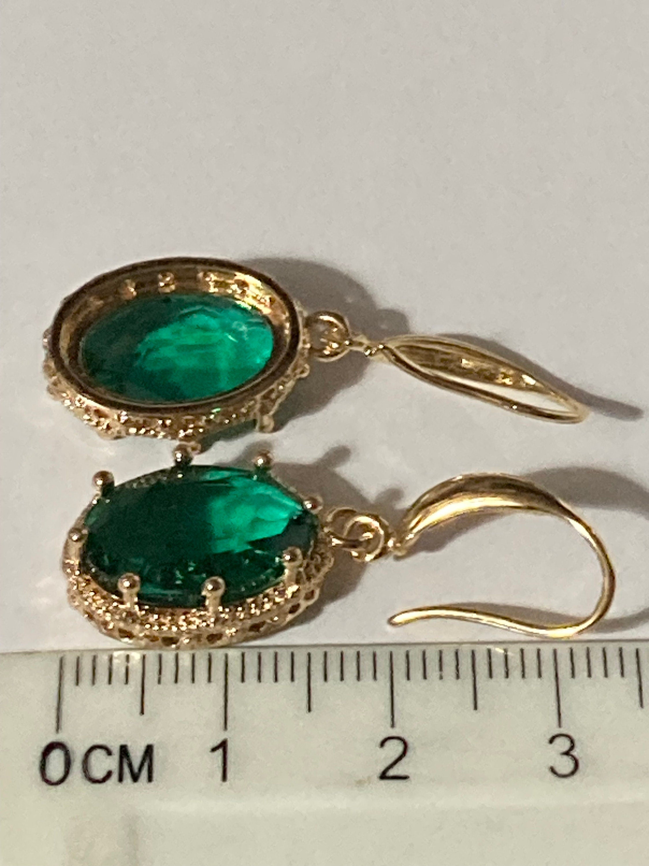 emerald green oval glass cabochon drop earrings, 18k gold plated
