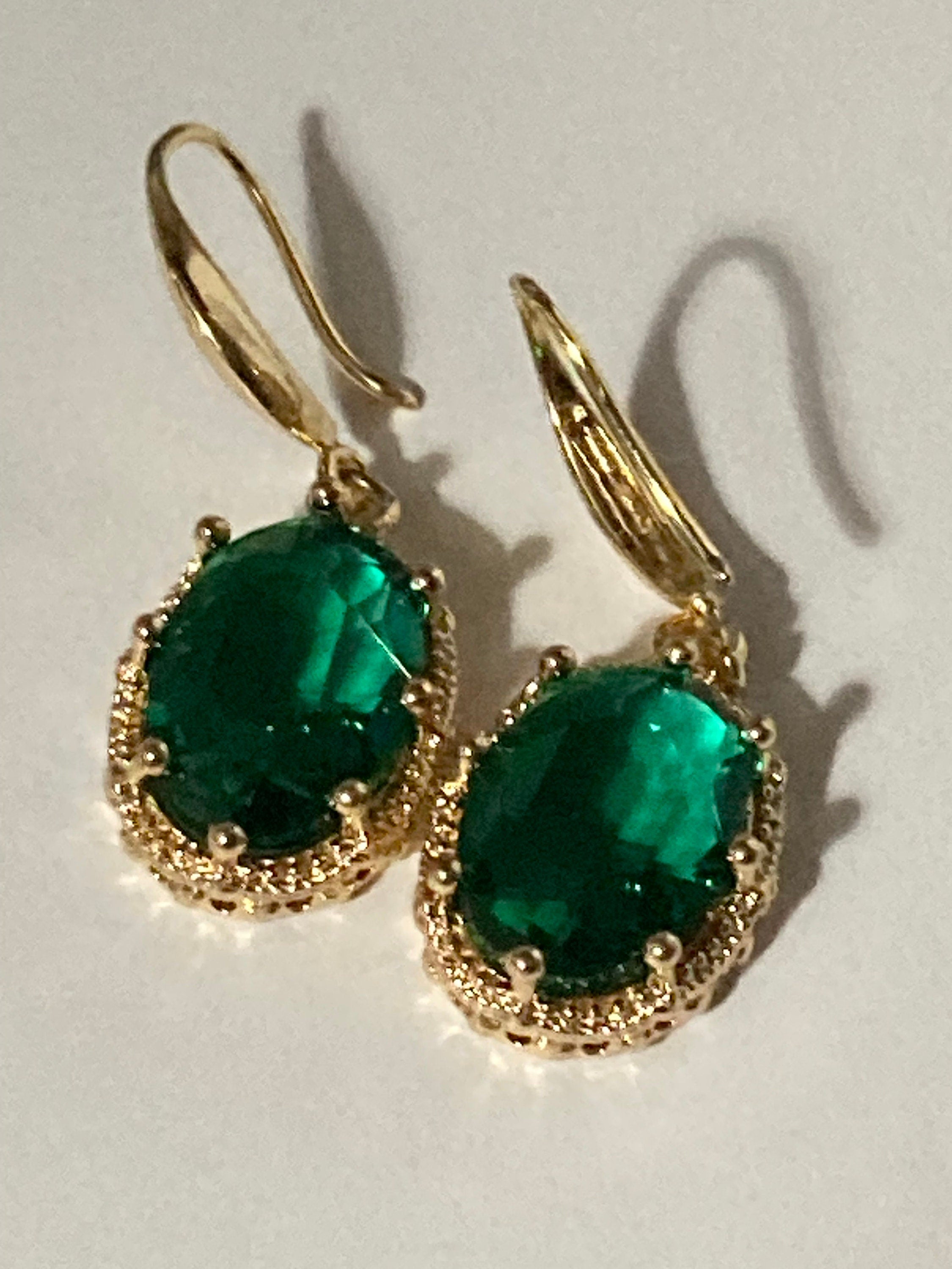 emerald green oval glass cabochon drop earrings, 18k gold plated