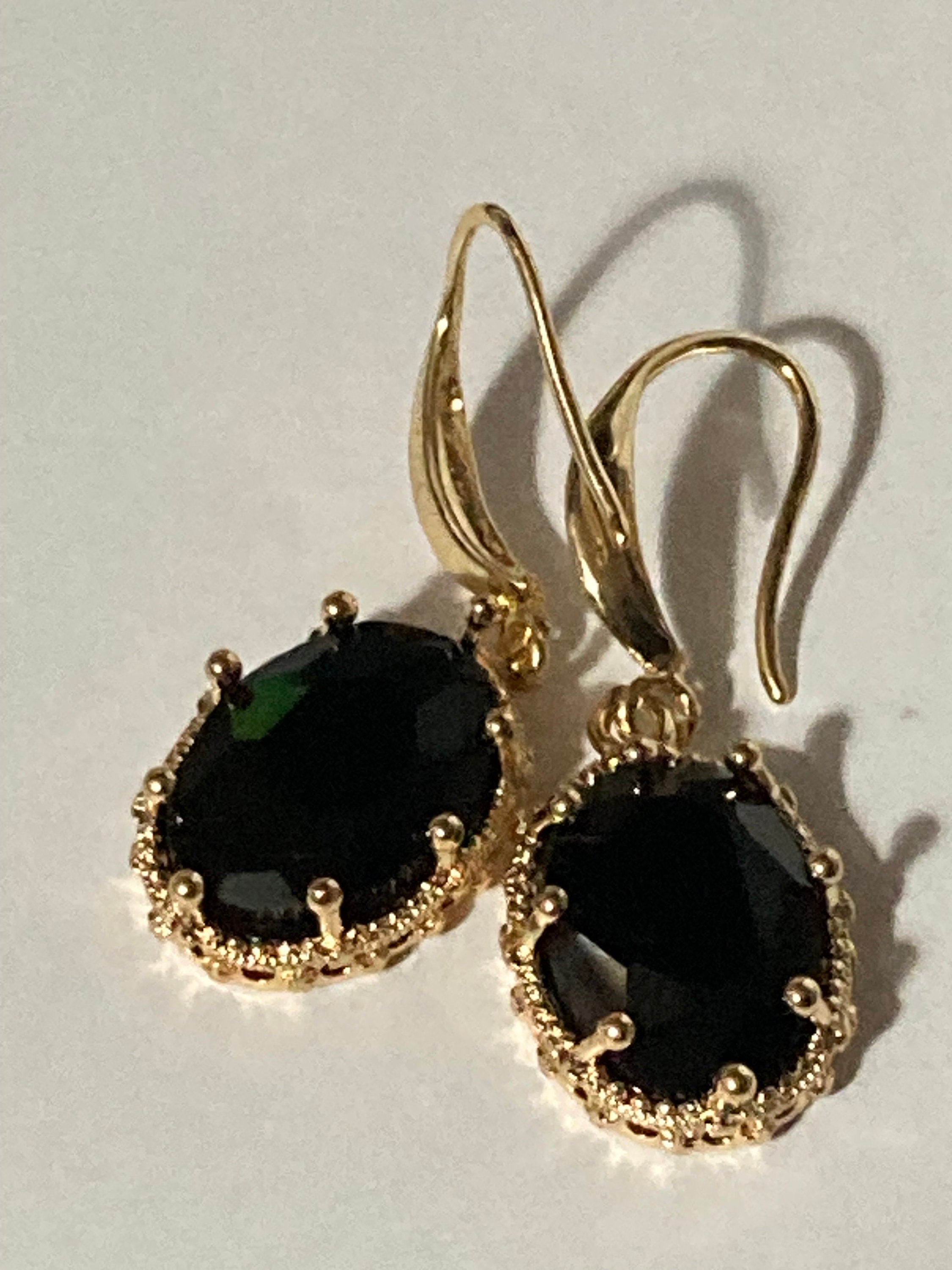 18k gold plated black glass crystal diamanté cabochon drop charm earrings