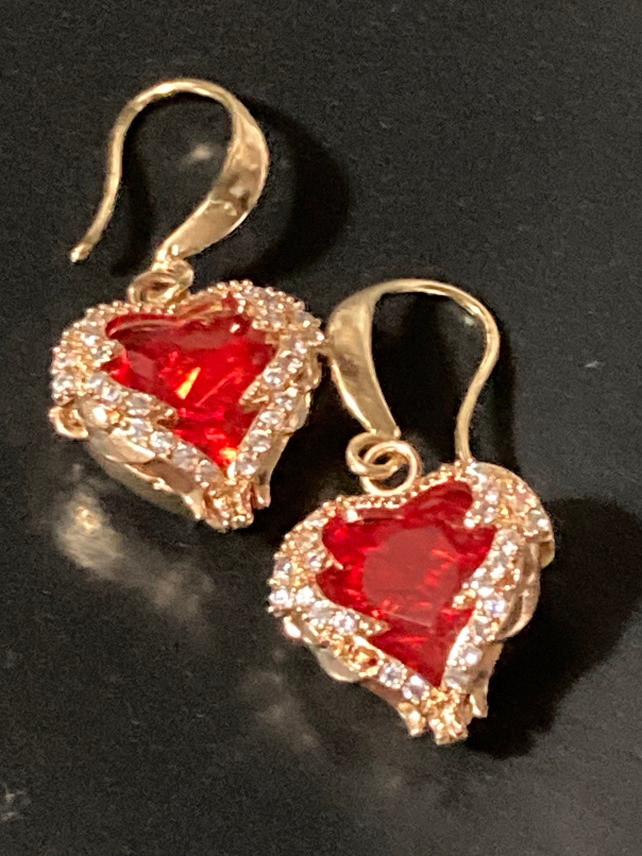 18k gold plated ruby red love heart crystal cabochon drop charm earrings