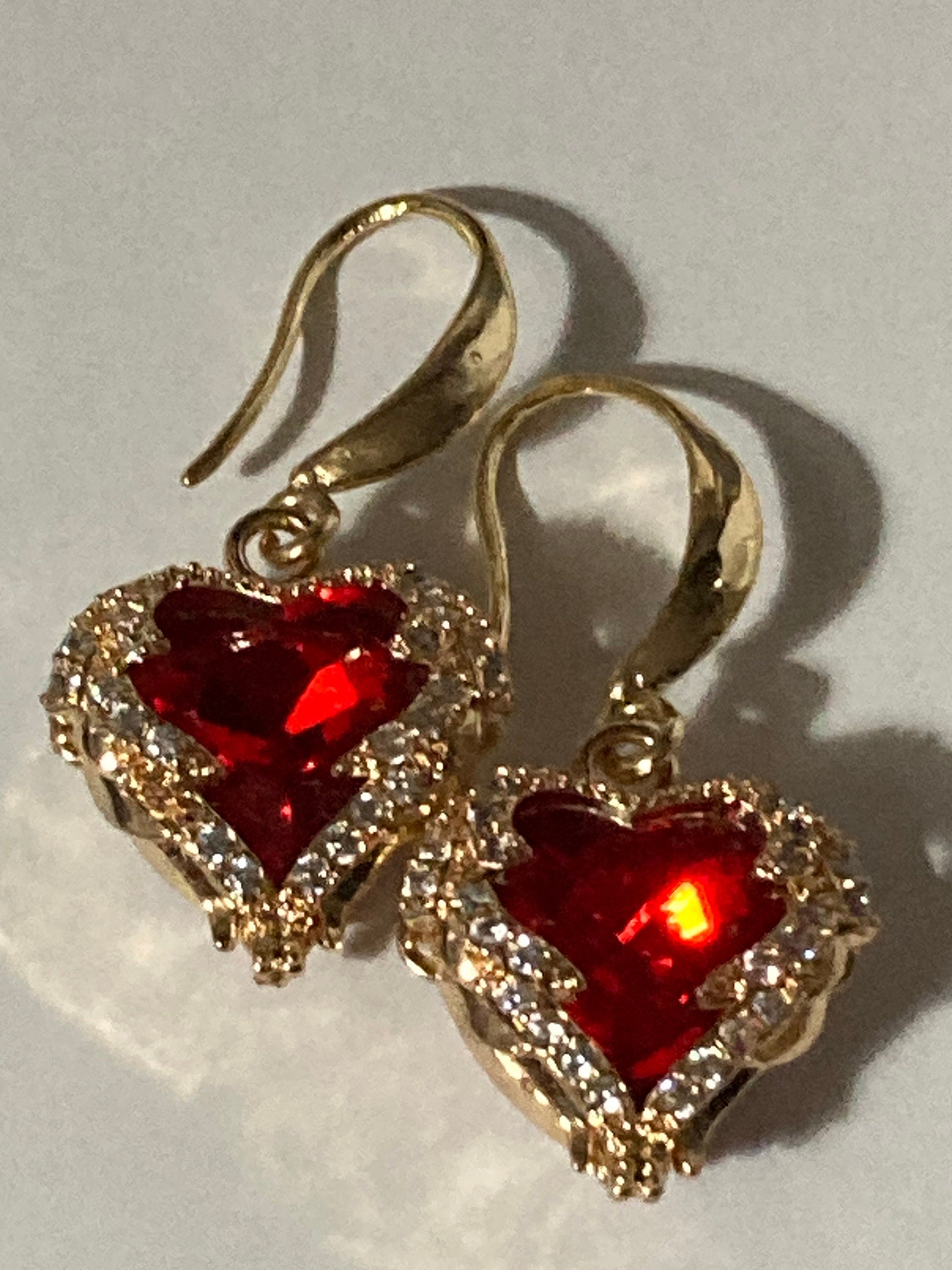 18k gold plated ruby red love heart crystal cabochon drop charm earrings
