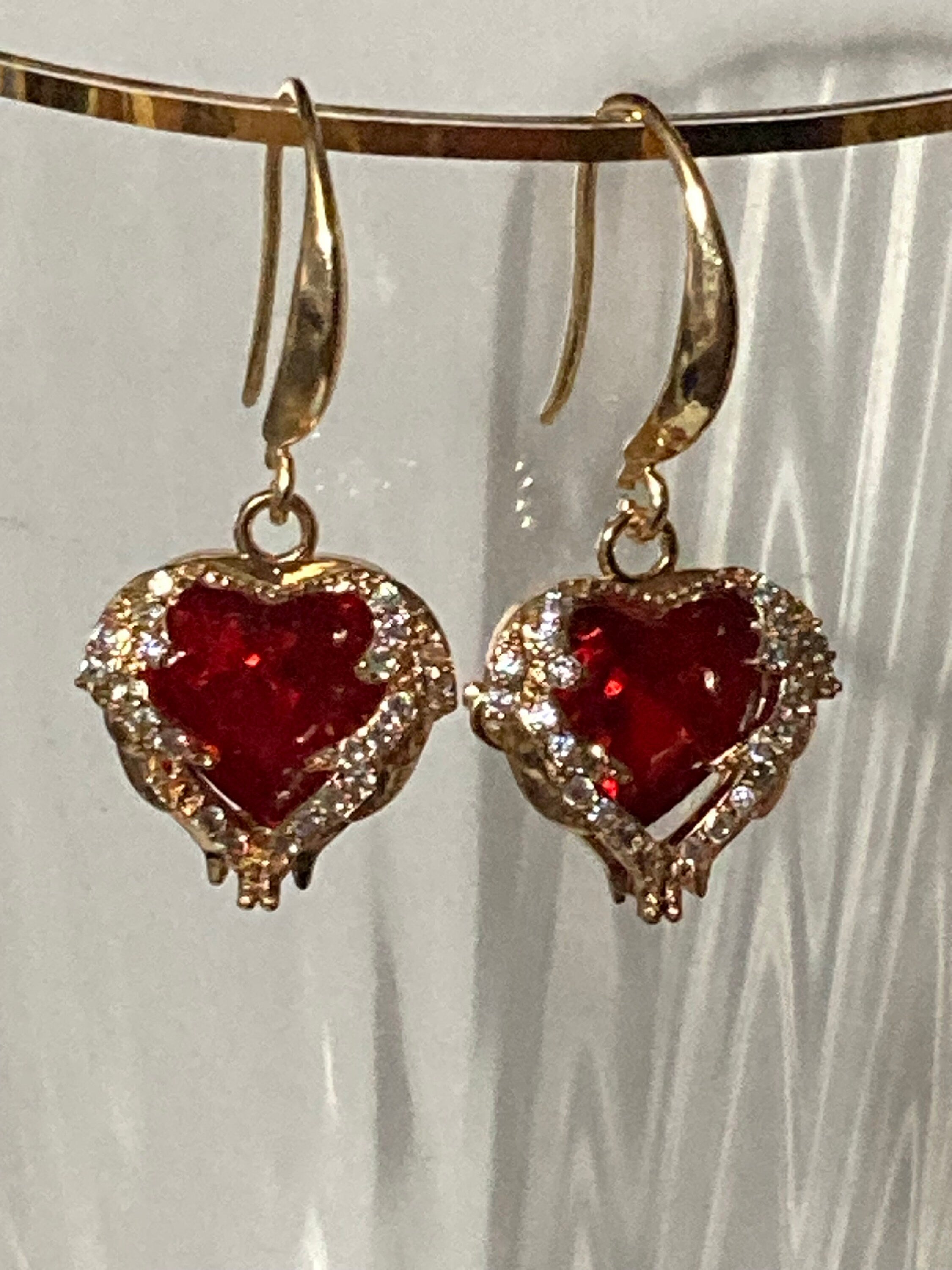 18k gold plated ruby red love heart crystal cabochon drop charm earrings