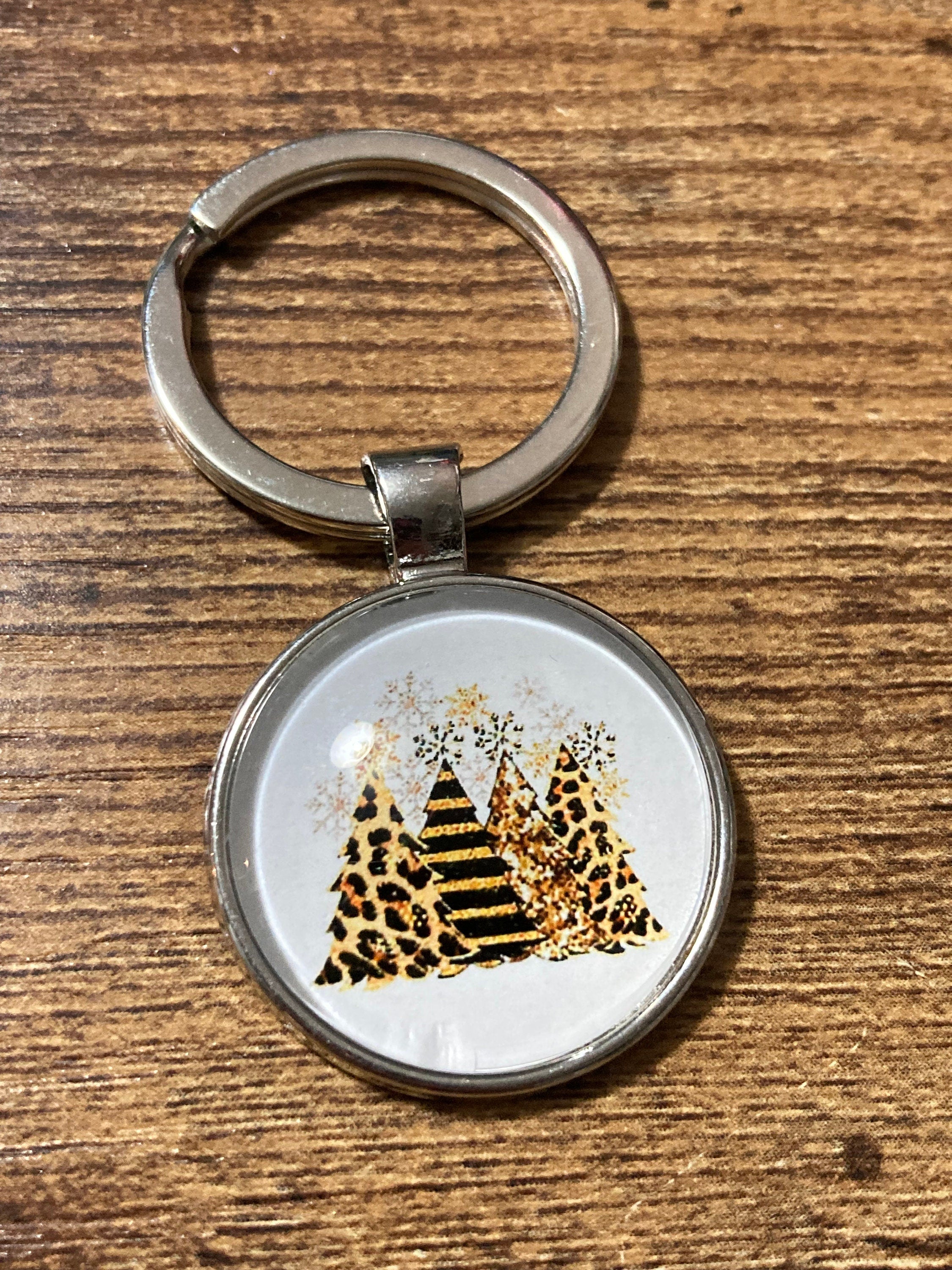 Design 3 brown leopard print Christmas trees festive keyring with 25mm glass cabochon