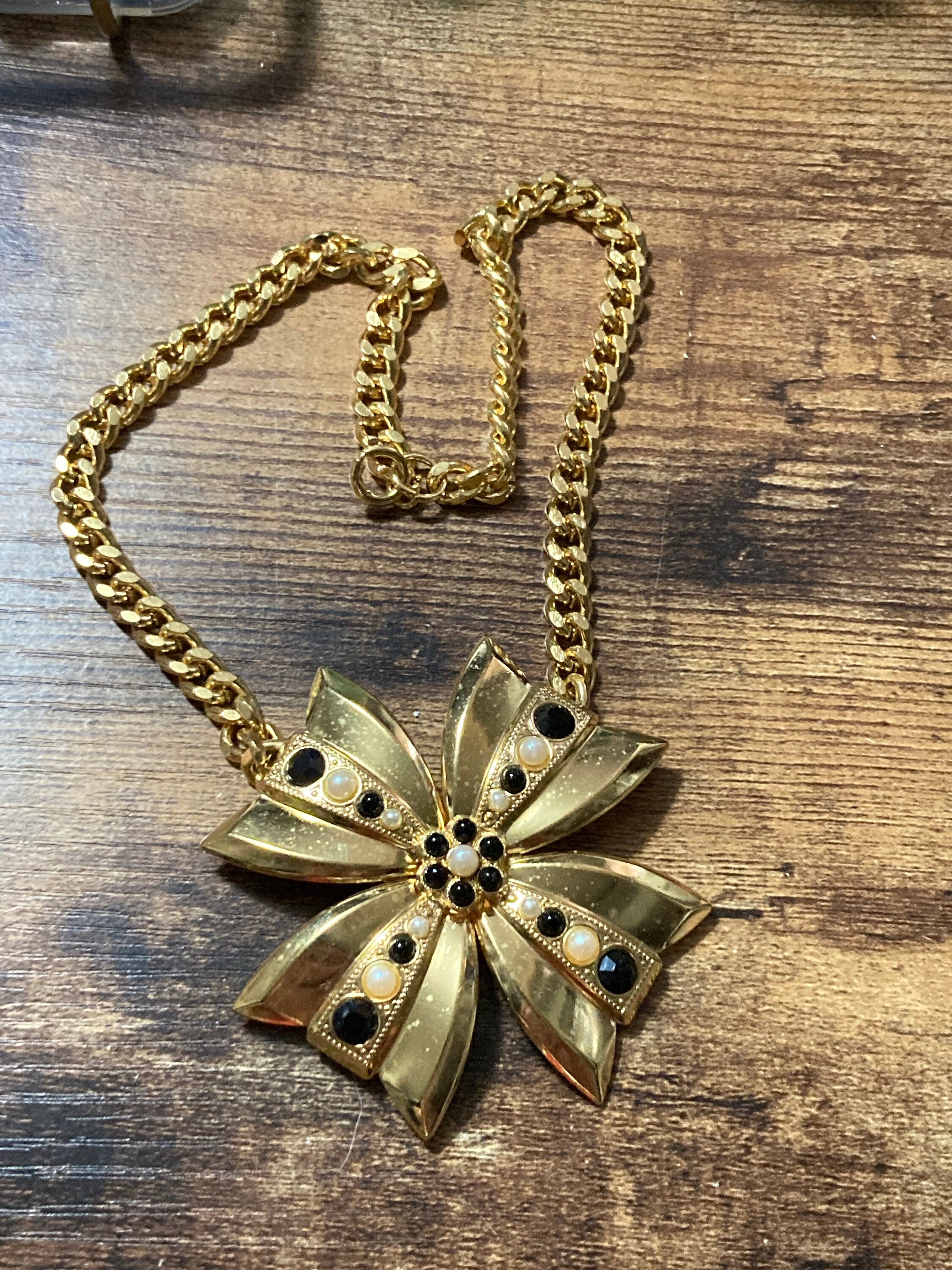 vintage gold tone oversized Maltese cross necklace set with black diamanté and faux pearls