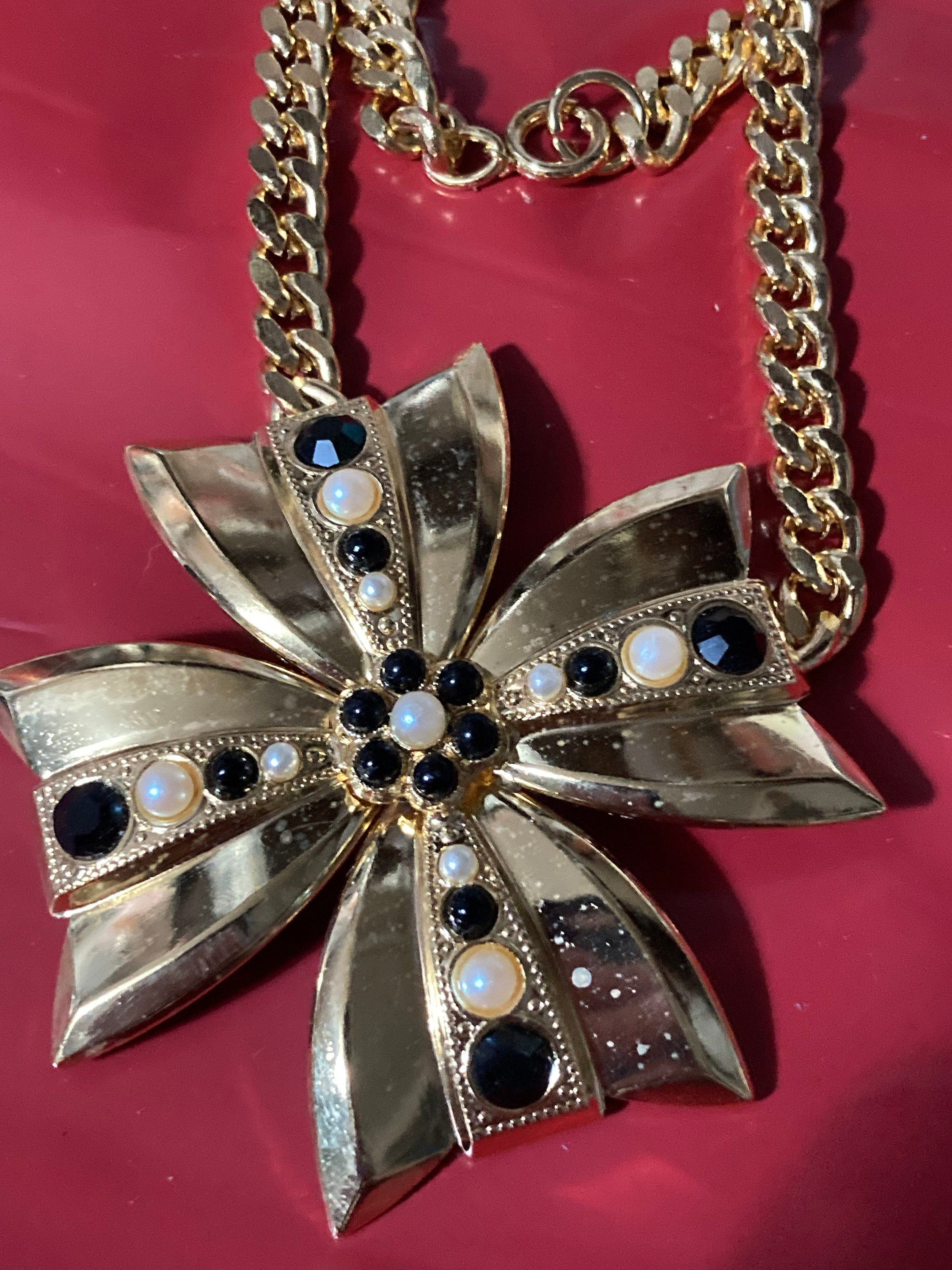 vintage gold tone oversized Maltese cross necklace set with black diamanté and faux pearls