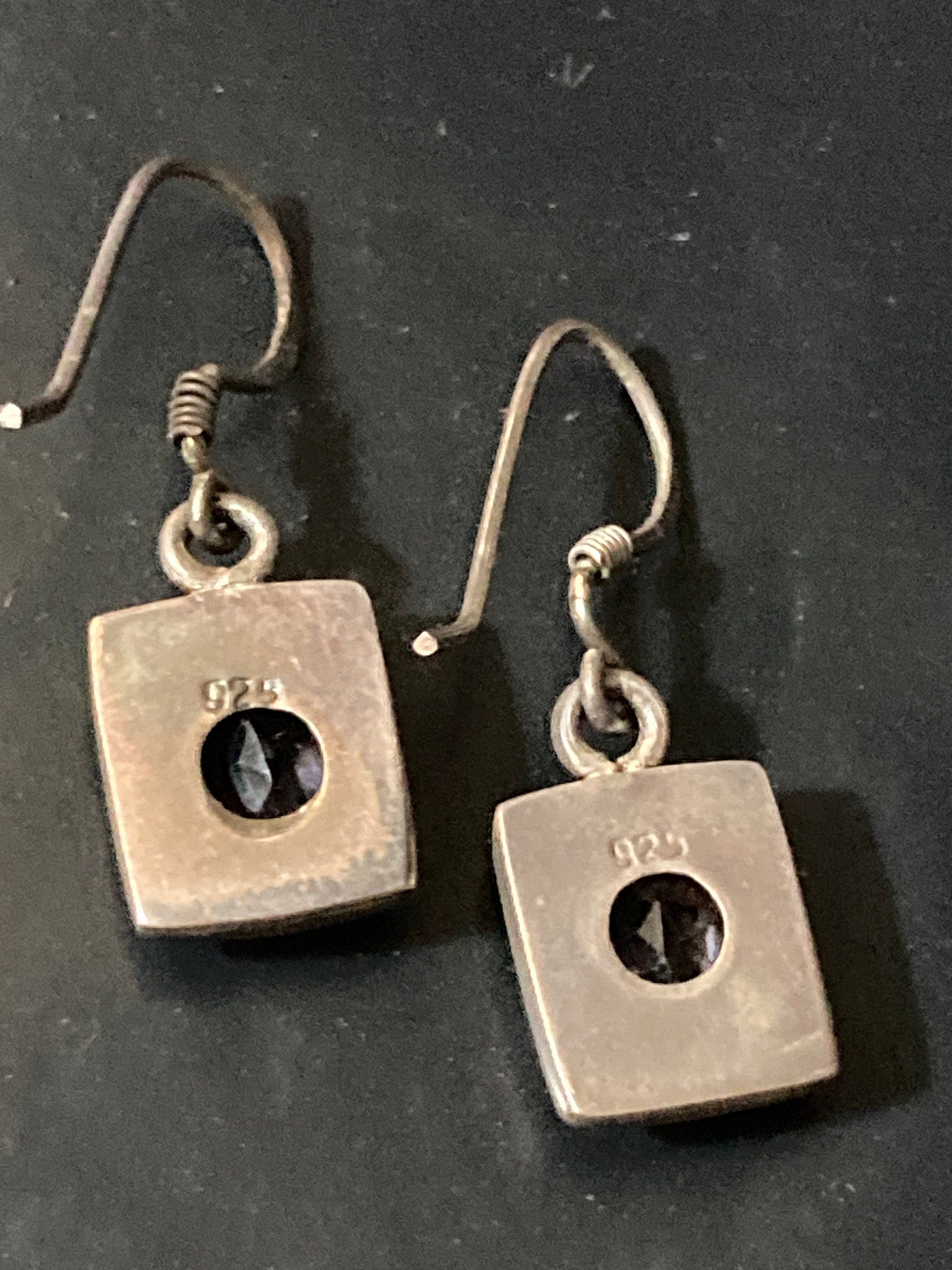 Cut Amethyst gemstone stamped 925 silver drop retro earrings vintage antique style gem set