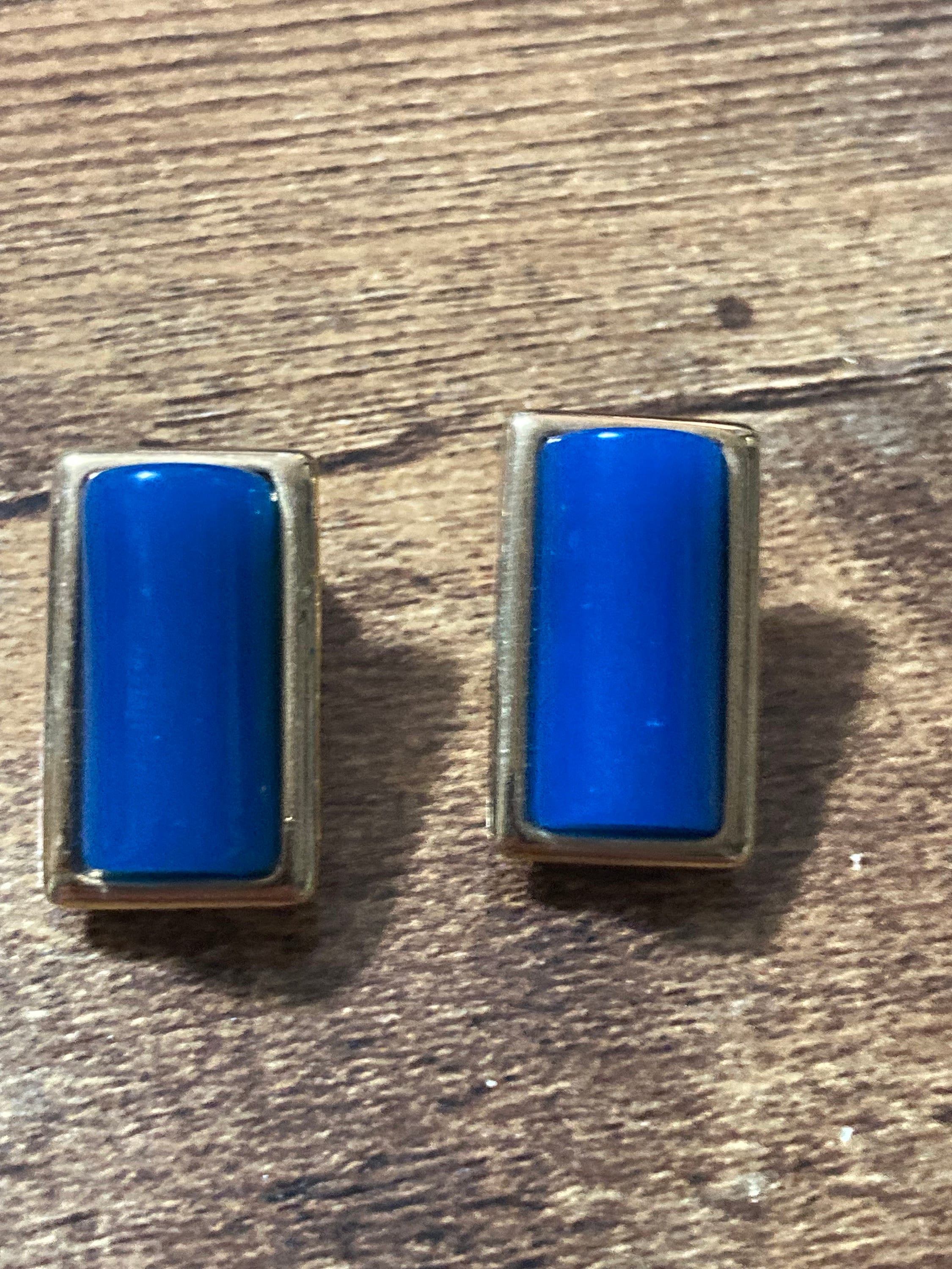 Vintage blue clip on earrings, rectangular gold tone