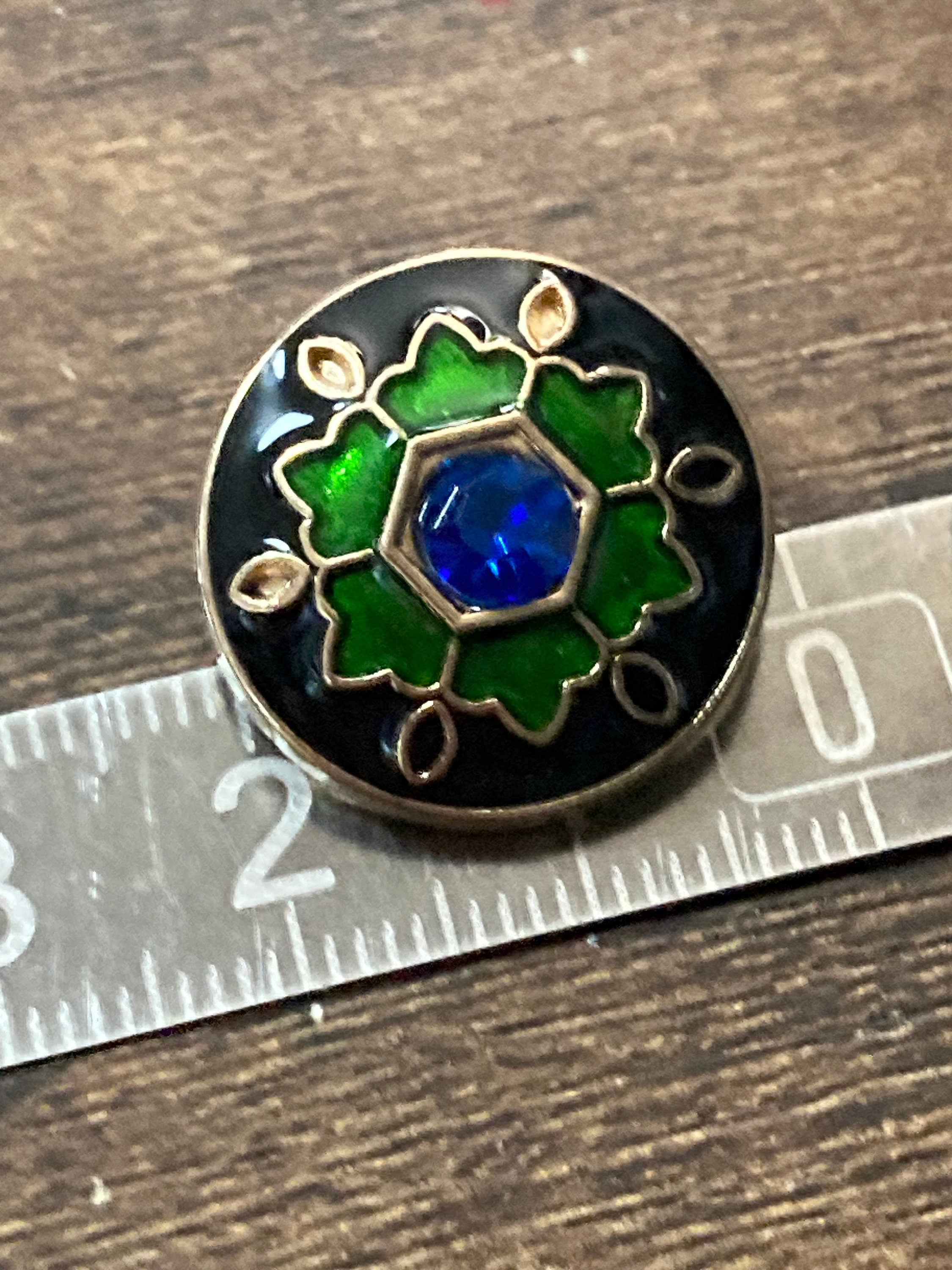 Set of 5 x 20mm green black and gold sapphire diamanté round metal buttons