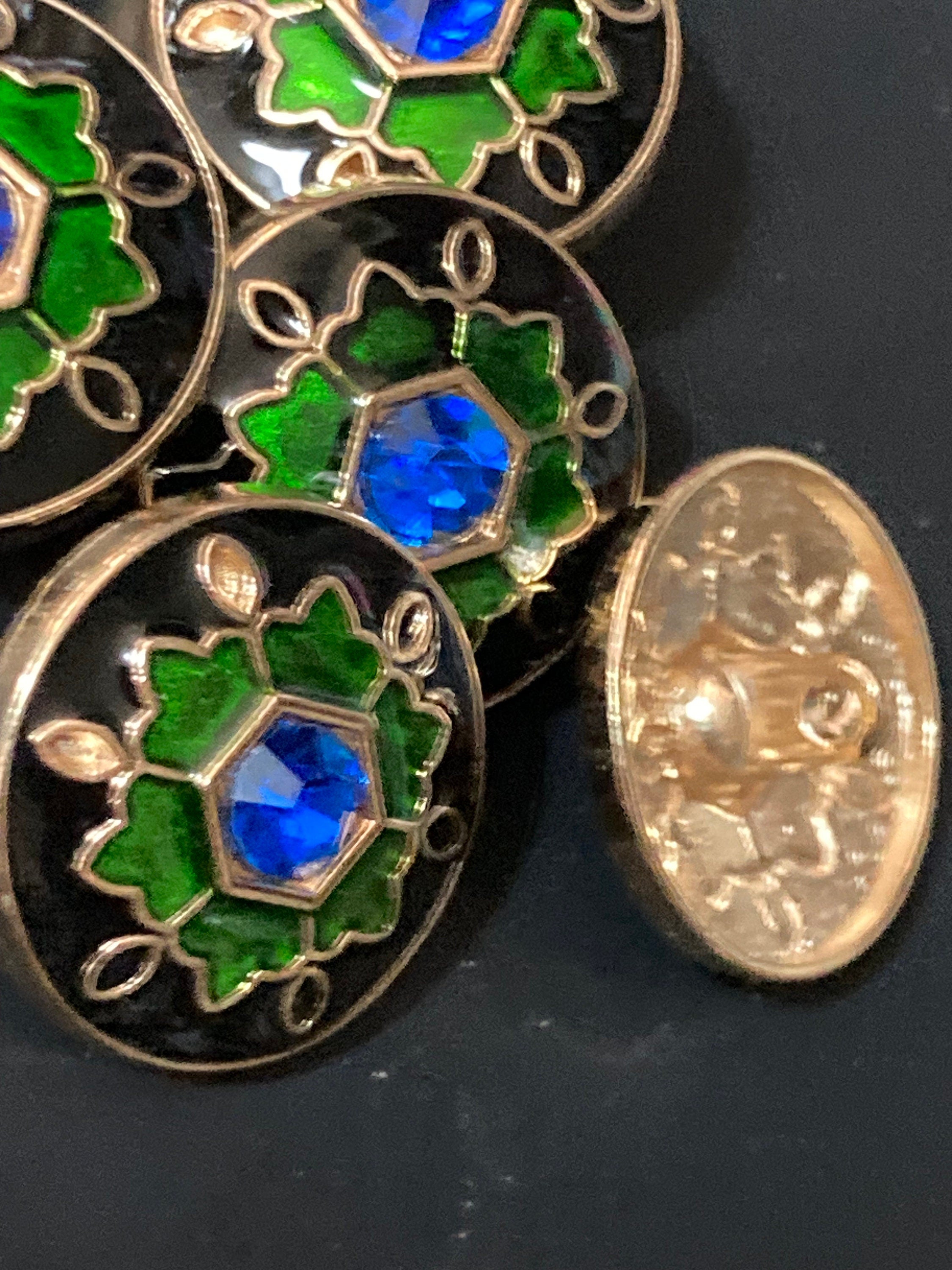 Set of 5 x 20mm green black and gold sapphire diamanté round metal buttons