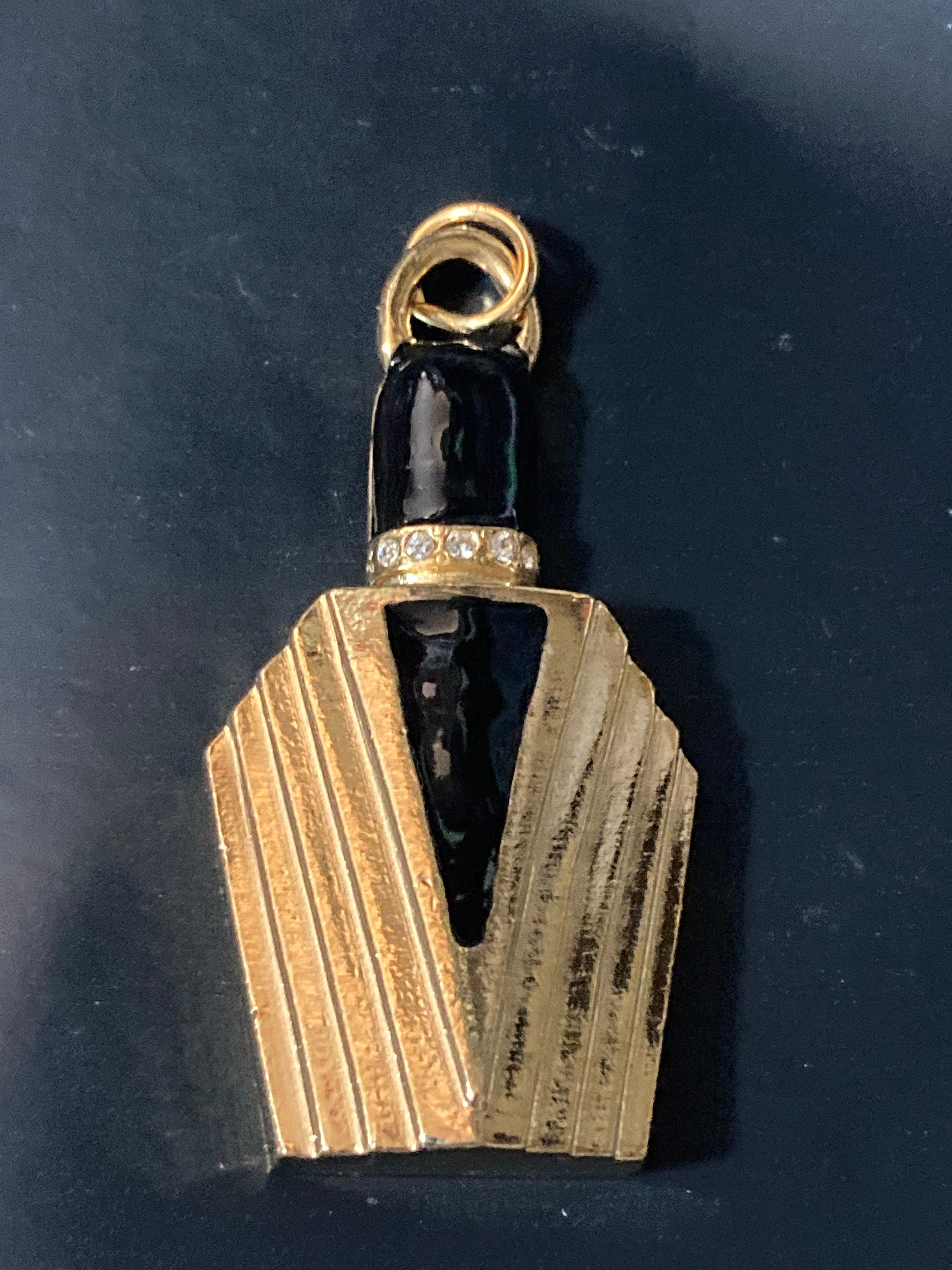Vintage perfume bottle charm, black gold crystal scent 6cm pendant keyring pendant