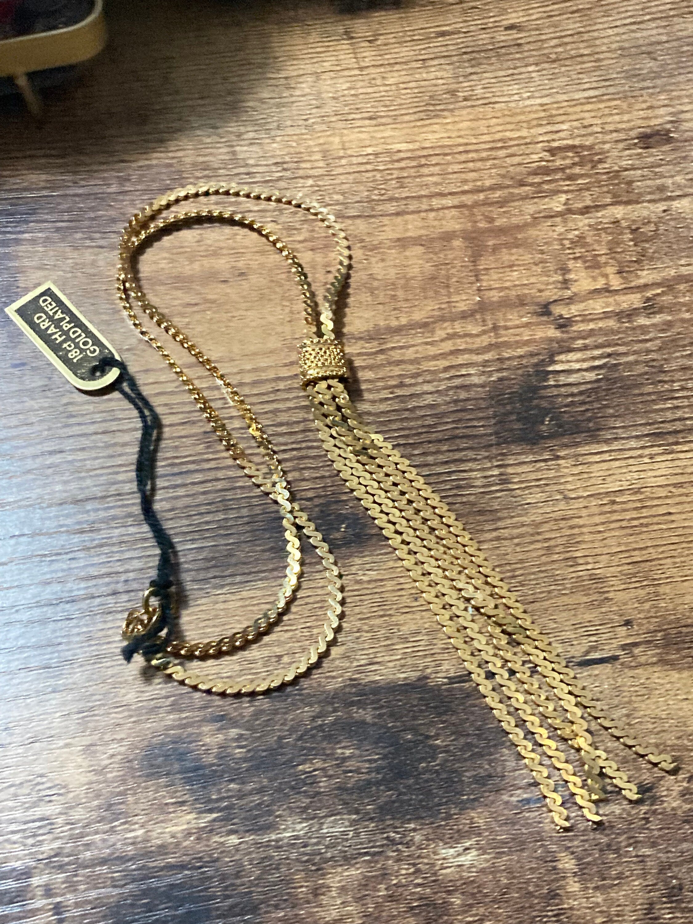 Vintage tassel chain 1970s 18k hard gold plated serpentine negligee long drop necklace old shop stock