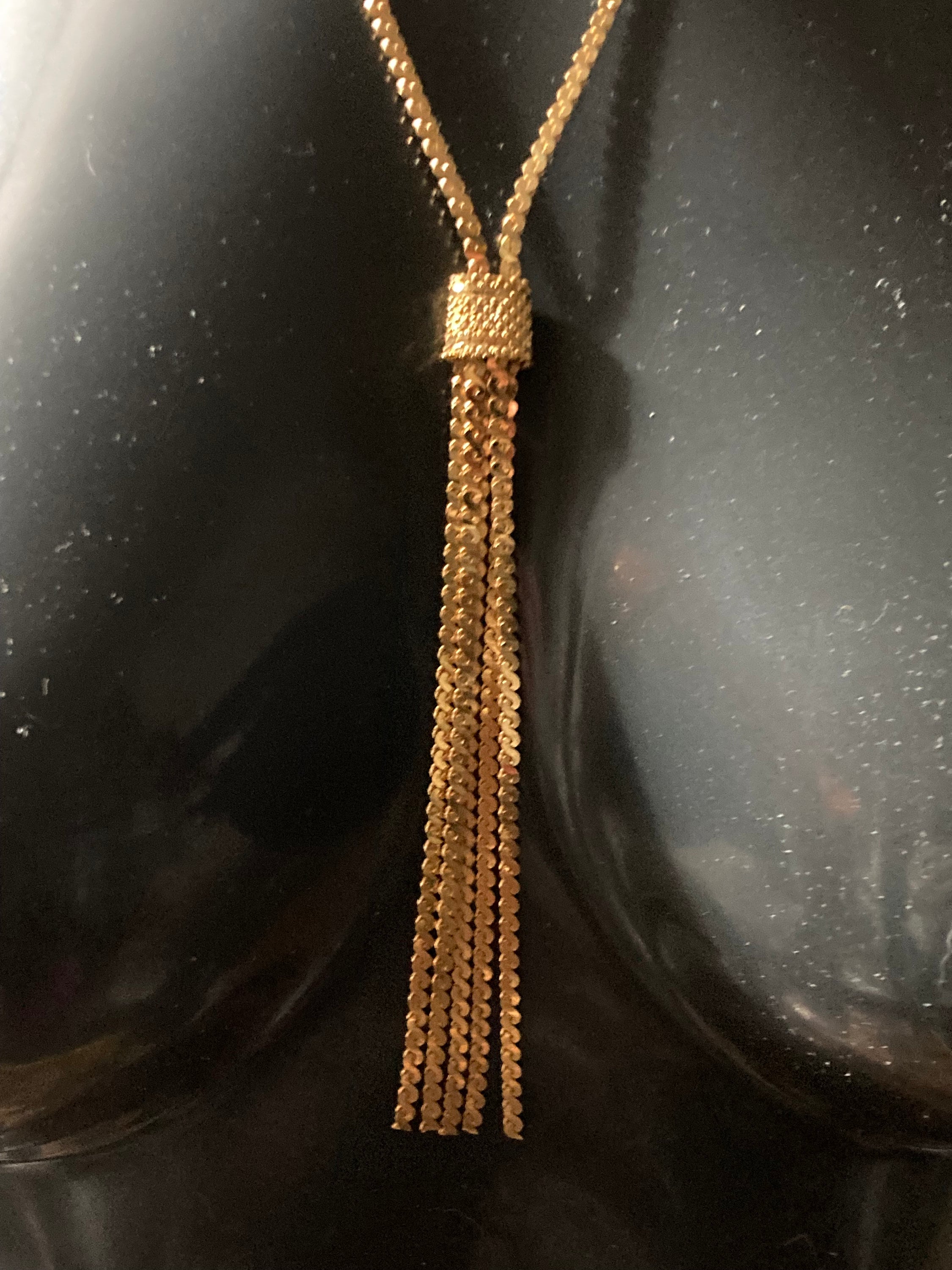 Vintage tassel chain 1970s 18k hard gold plated serpentine negligee long drop necklace old shop stock