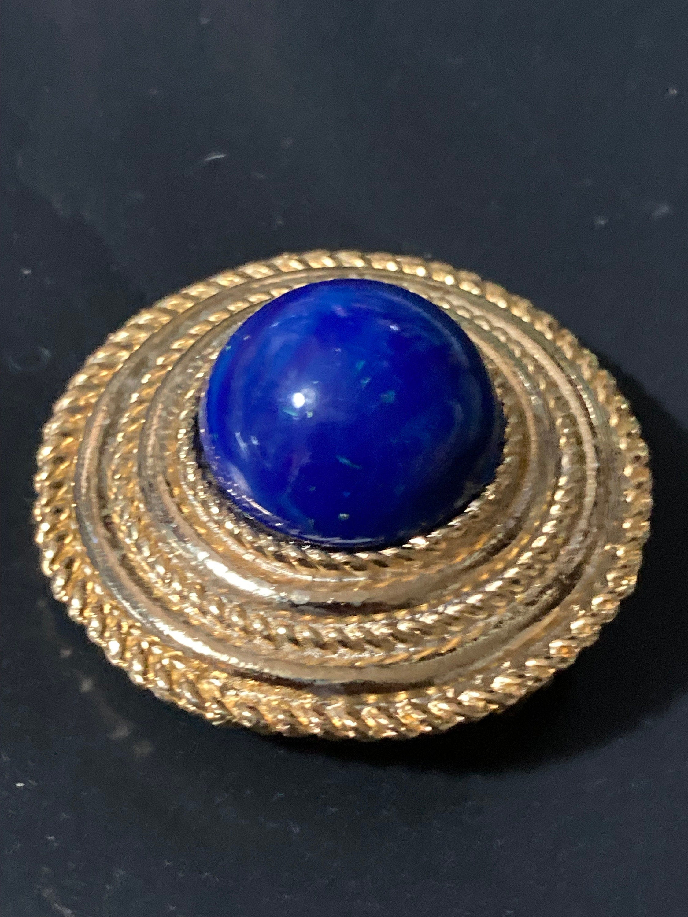 Vintage Gold Plated Scarf Clip Ring: Nautical Faux Lapis Cabochon