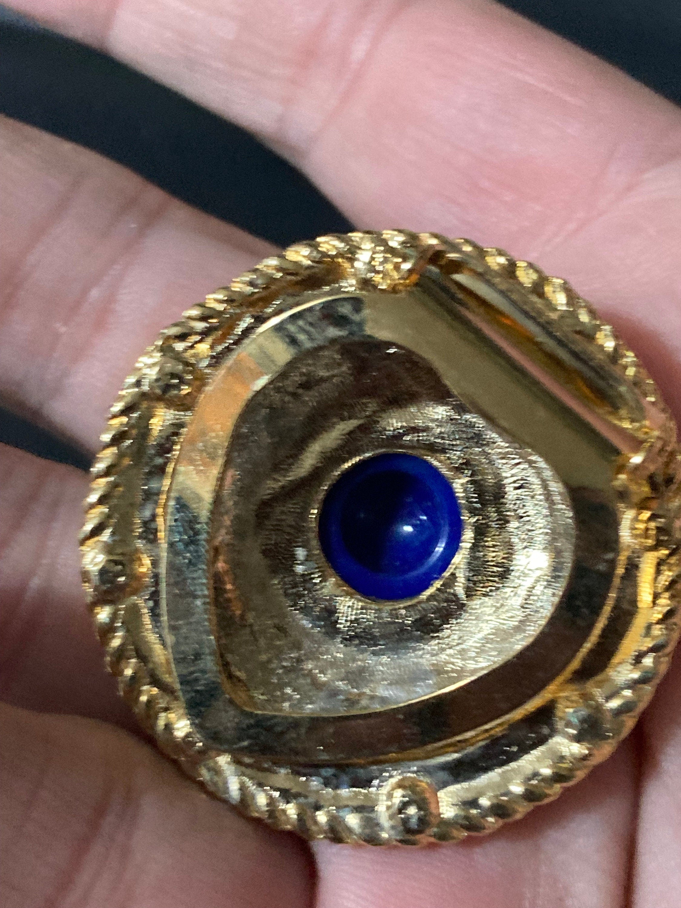 Vintage Gold Plated Scarf Clip Ring: Nautical Faux Lapis Cabochon