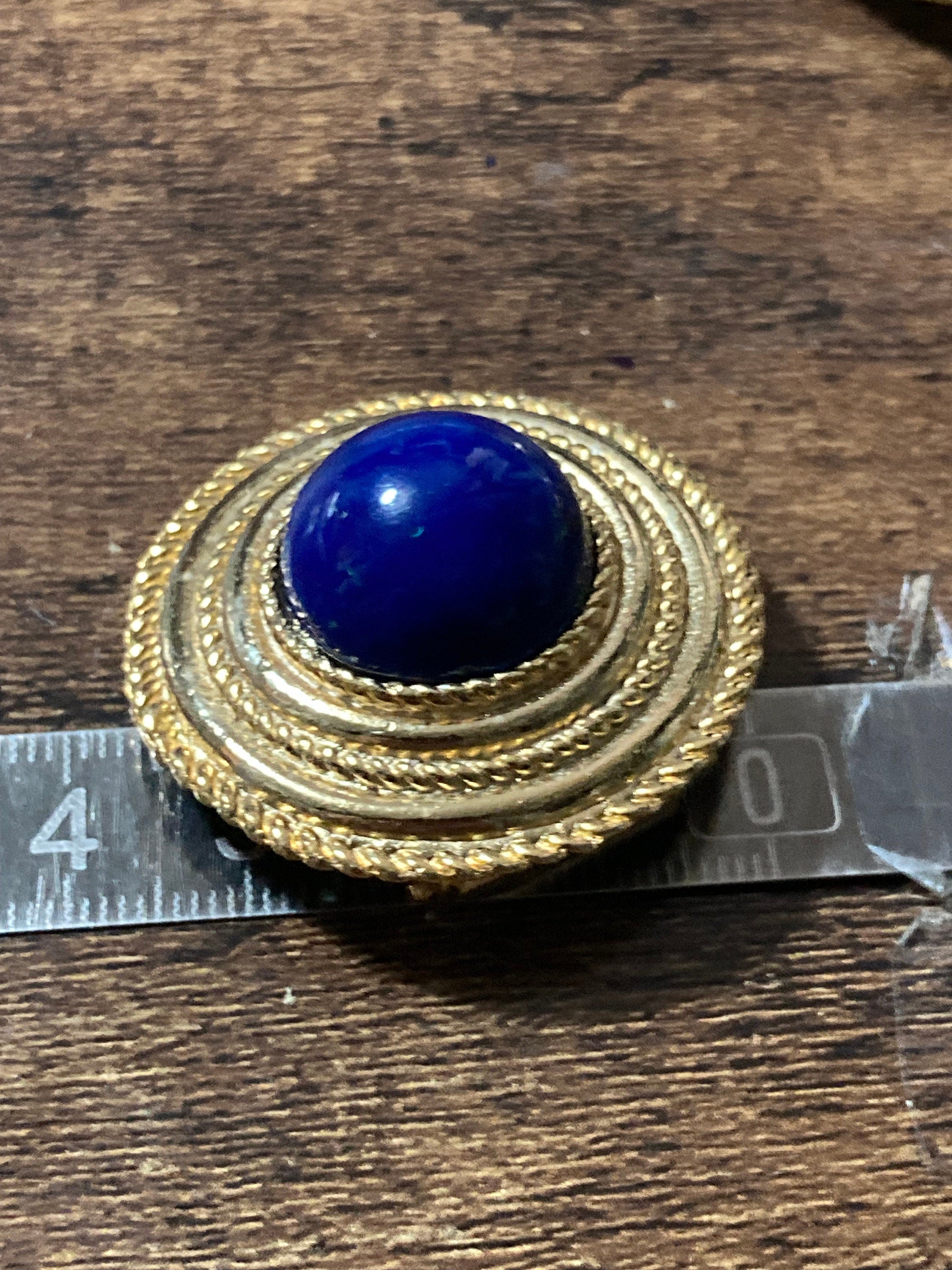 Vintage Gold Plated Scarf Clip Ring: Nautical Faux Lapis Cabochon