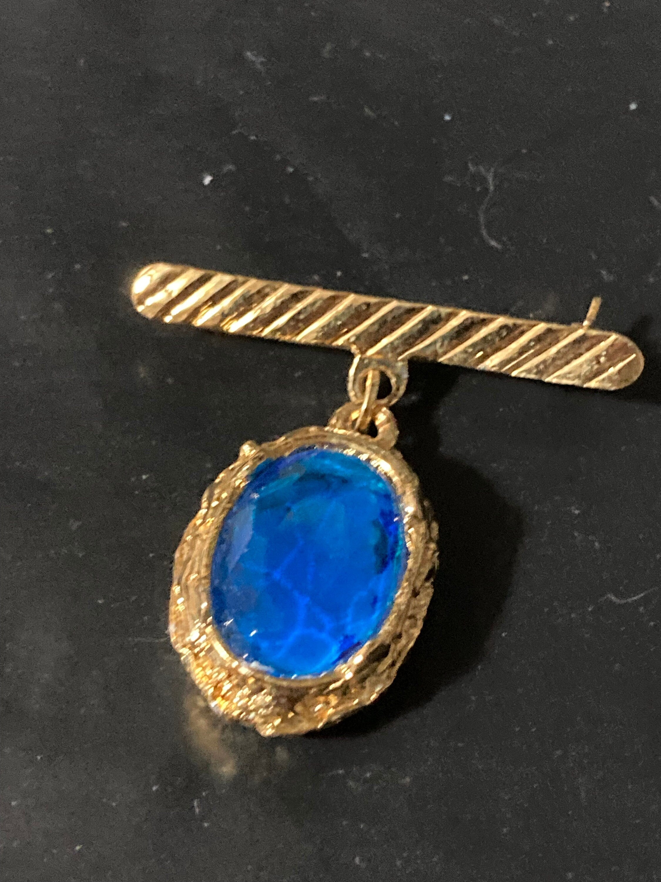 True vintage gold plated faux Sapphire blue Victorian style glass charm drop medal brooch old shop stock