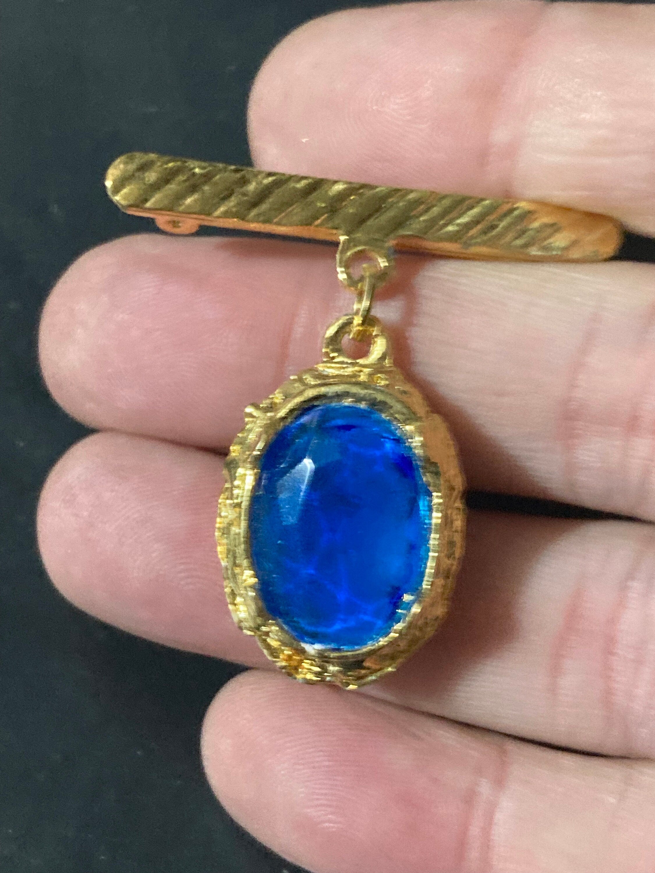 True vintage gold plated faux Sapphire blue Victorian style glass charm drop medal brooch old shop stock