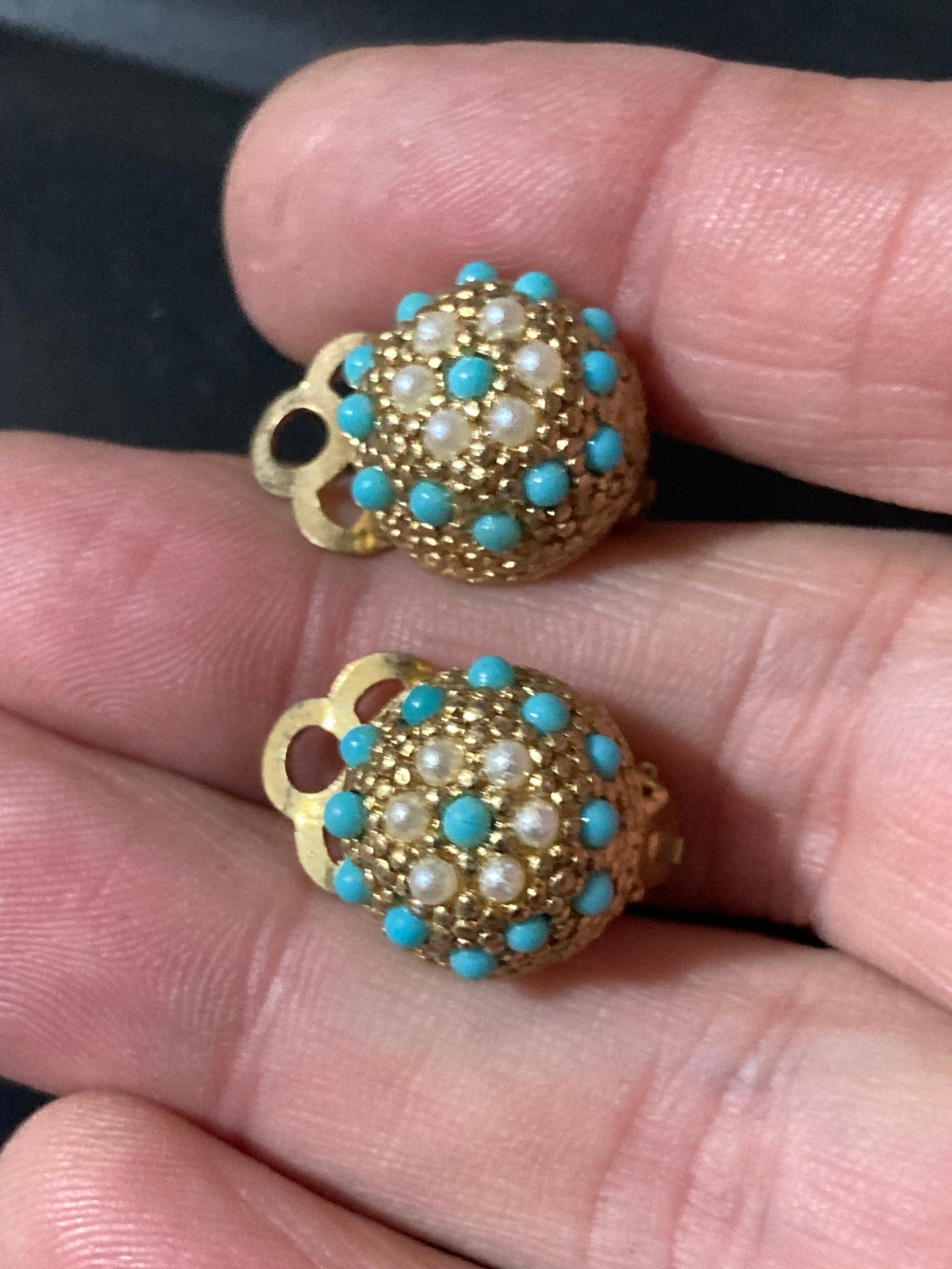 True Vintage 1960s gold tone Turquoise seed pearl domed clip on earrings old shop stock