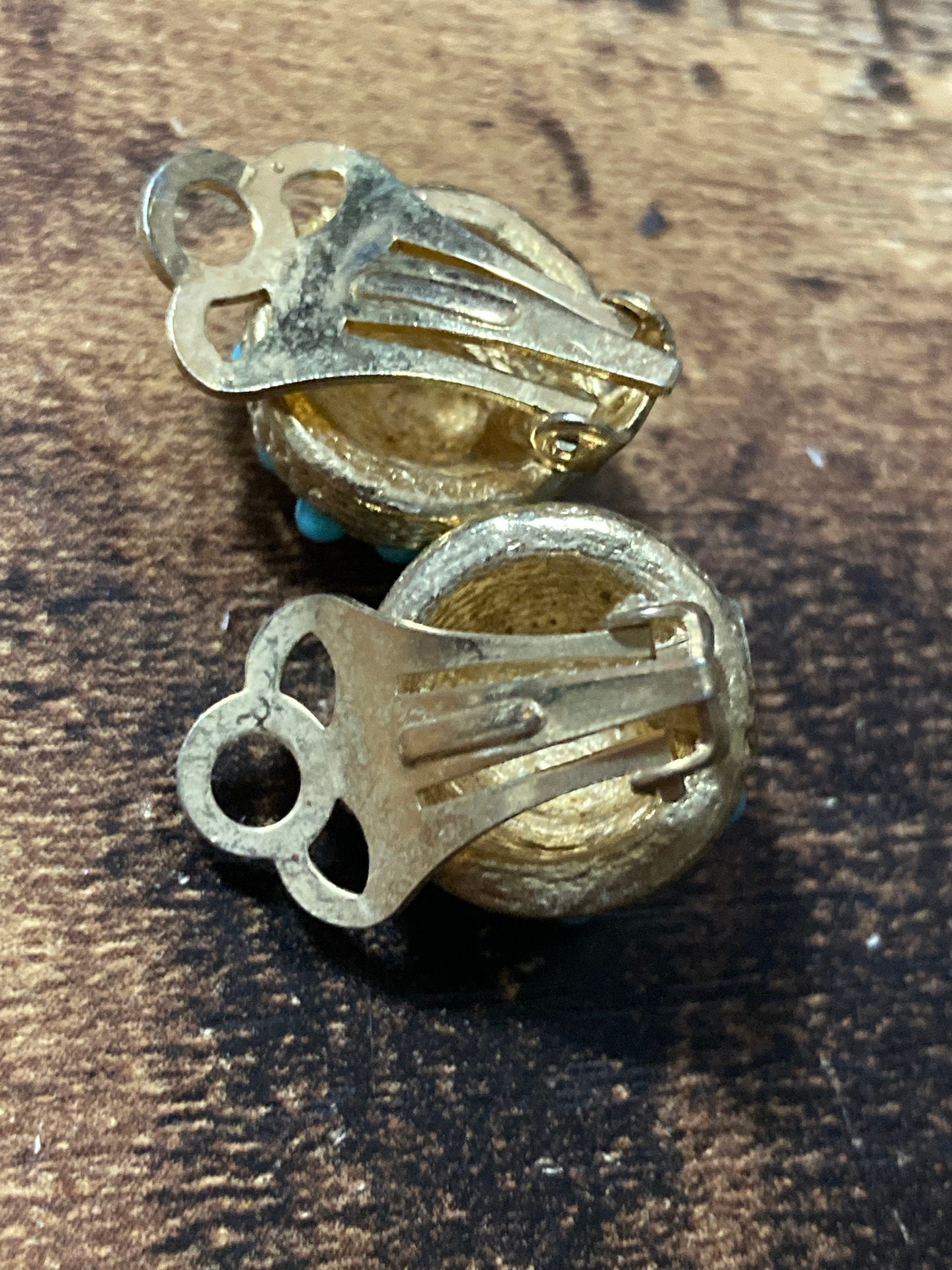 True Vintage 1960s gold tone Turquoise seed pearl domed clip on earrings old shop stock