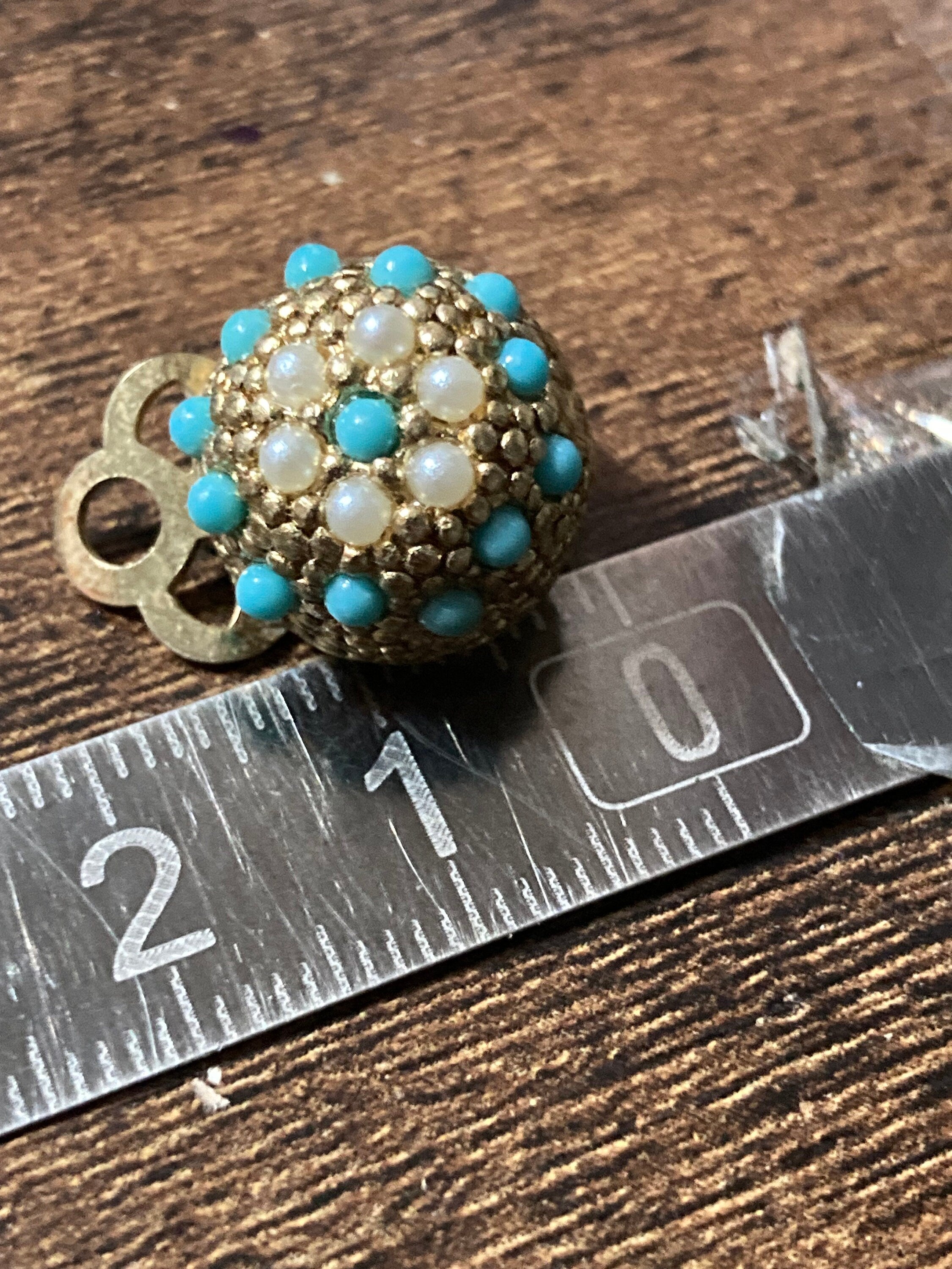 True Vintage 1960s gold tone Turquoise seed pearl domed clip on earrings old shop stock