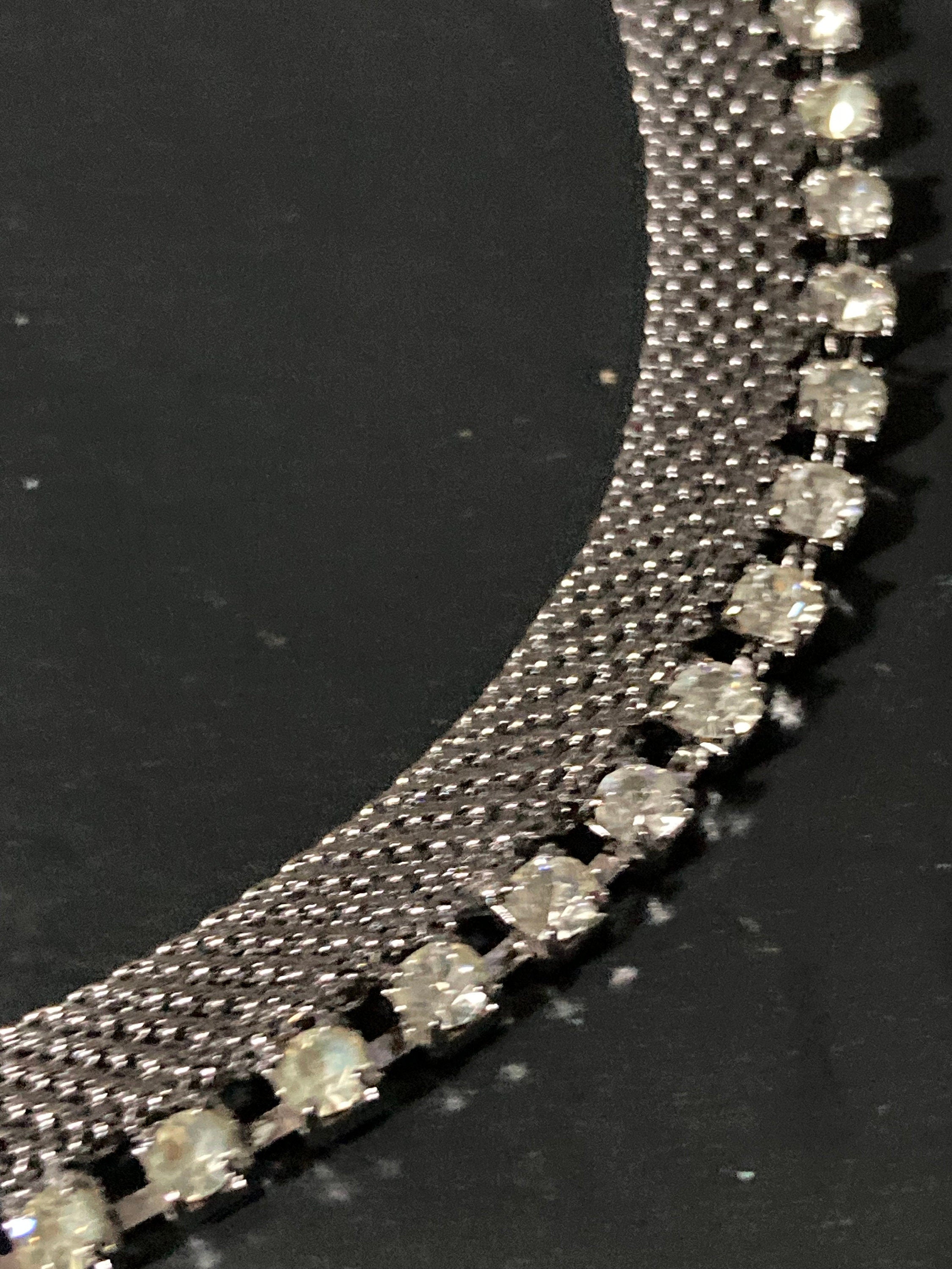 Vintage 1970s silver mesh clear rhinestone diamanté choker necklace old shop stock