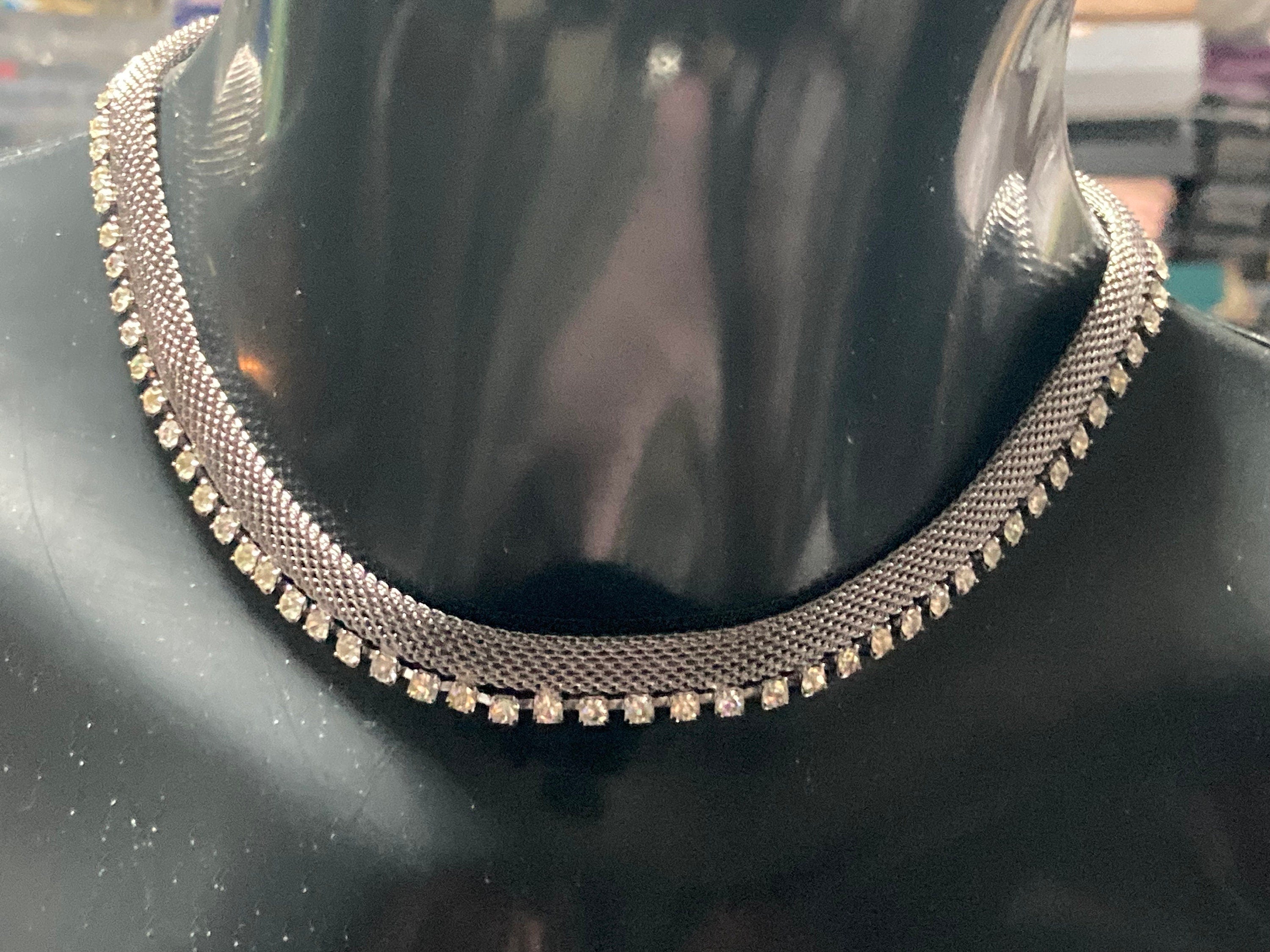 Vintage 1970s silver mesh clear rhinestone diamanté choker necklace old shop stock