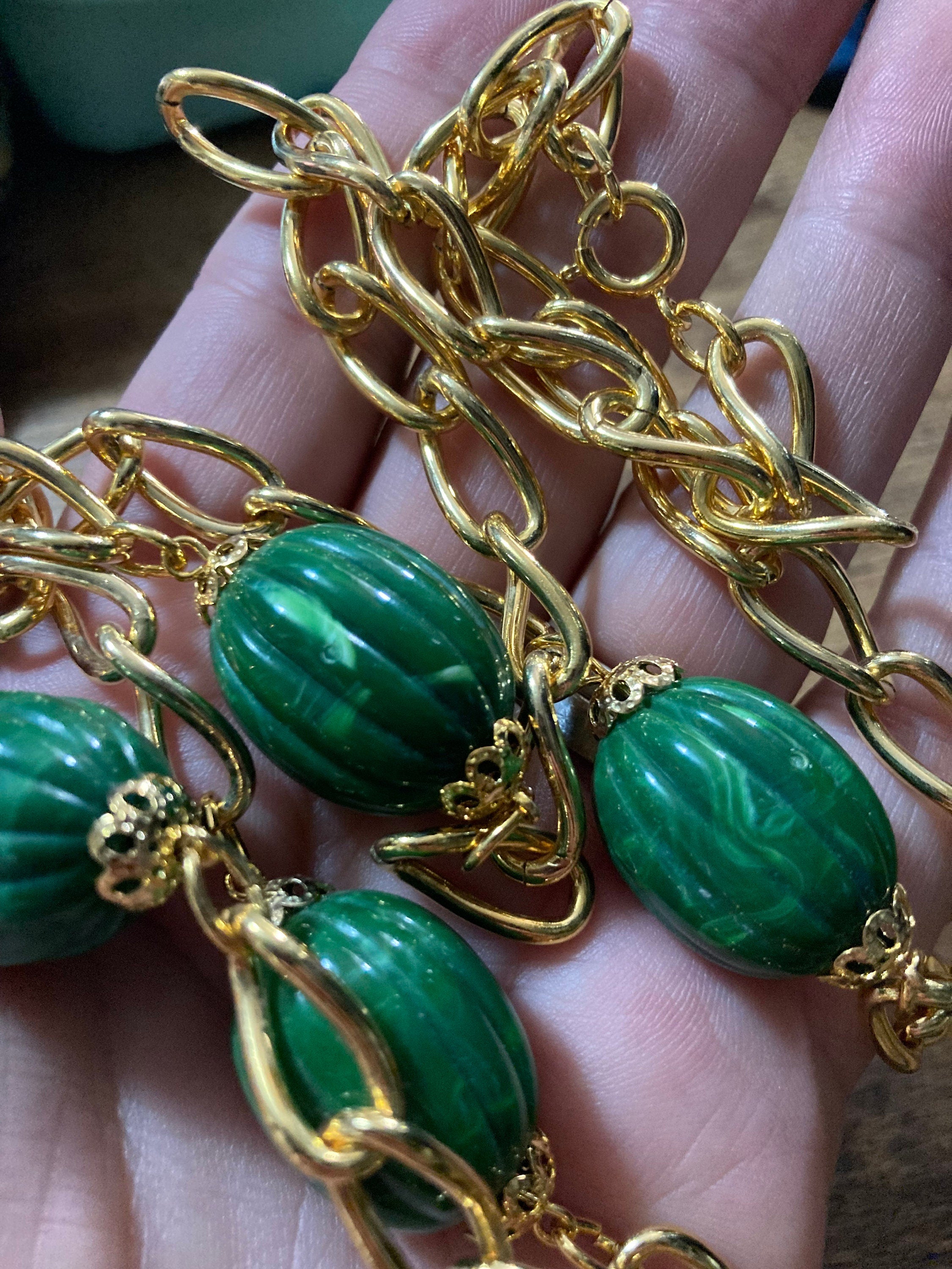 1980s Gold Plated Green Beaded Station Necklace - 23.5”