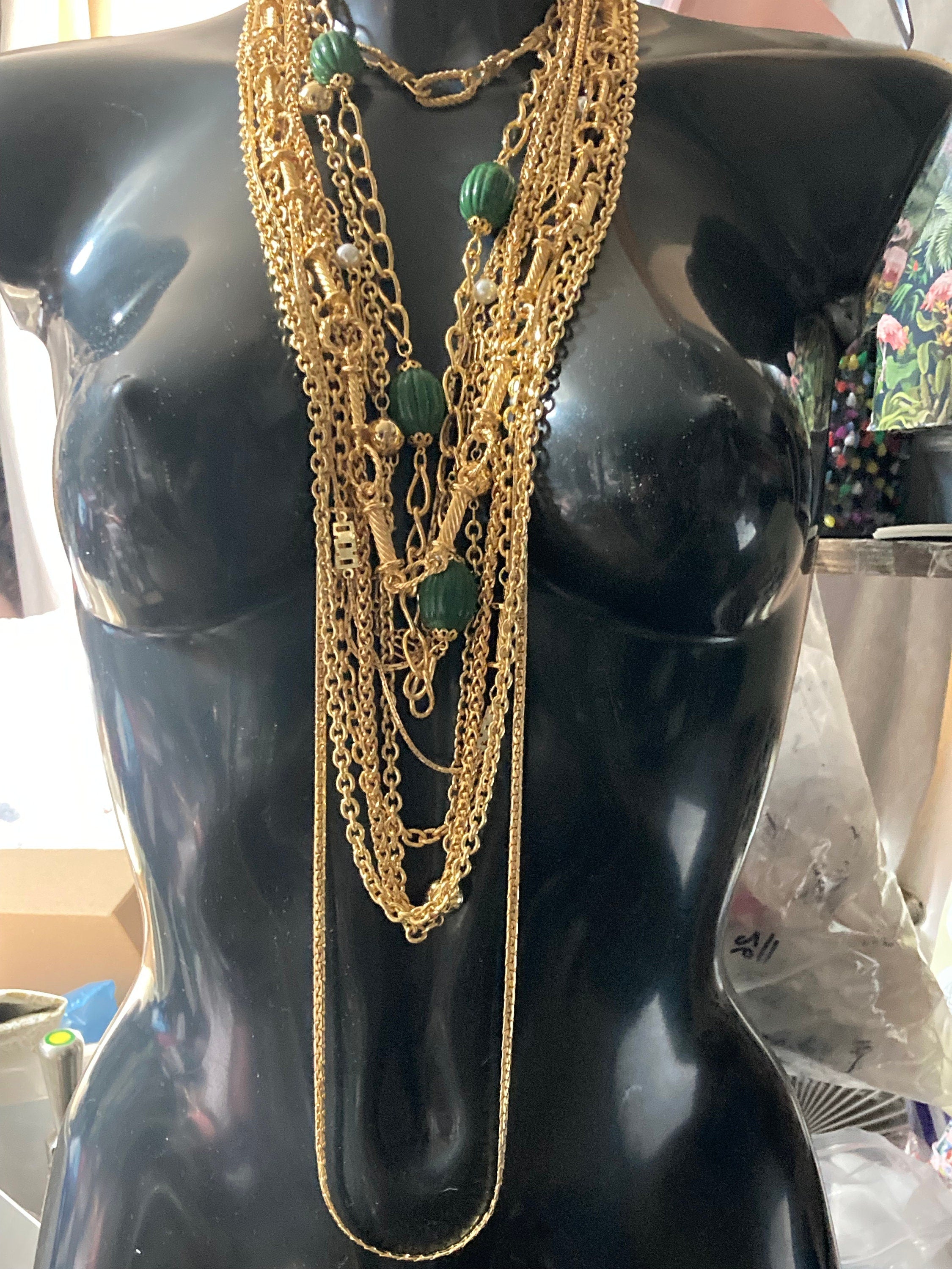 1980s Gold Plated Green Beaded Station Necklace - 23.5”