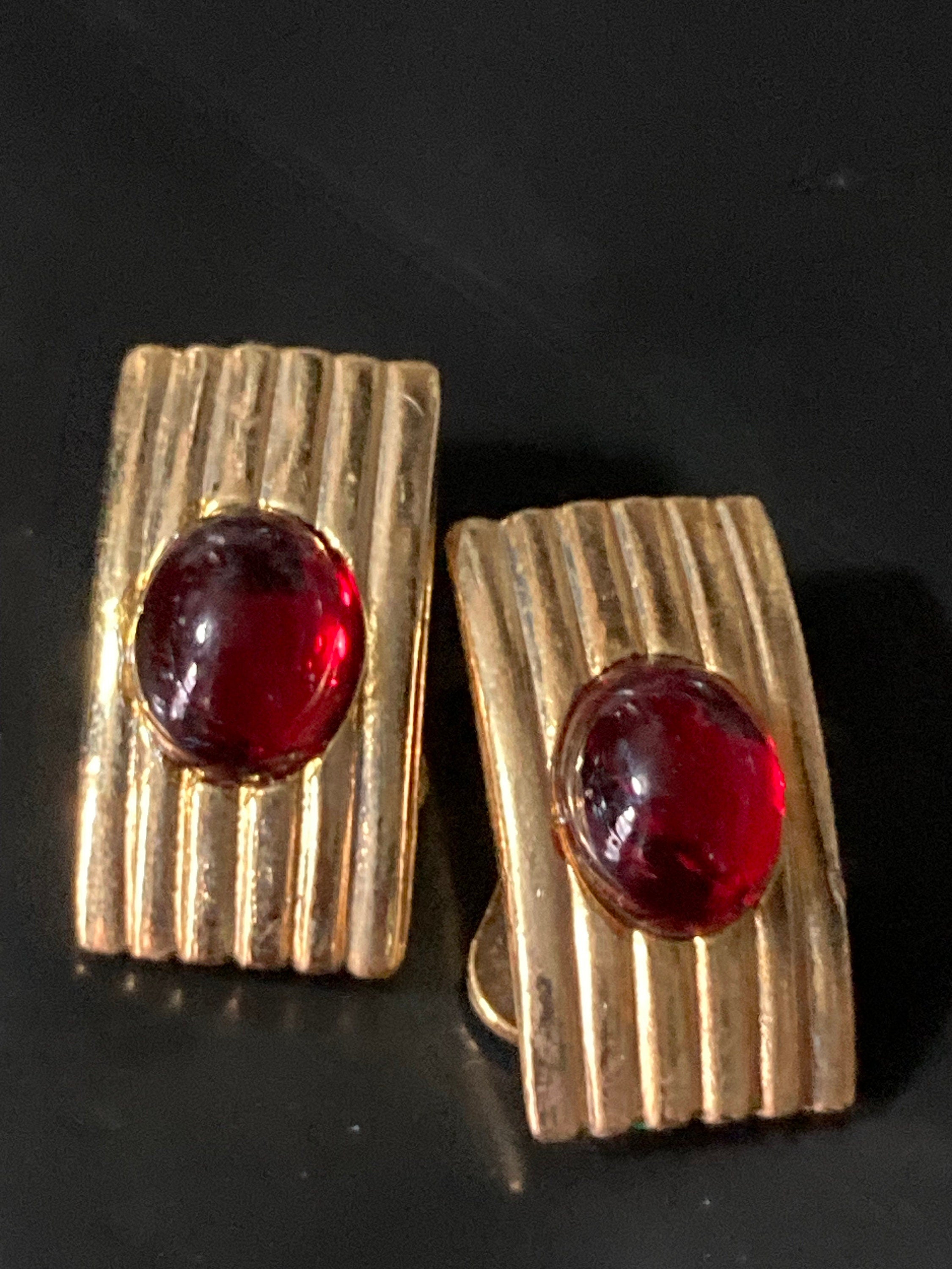 True vintage gold tone red cabochon rectangular clip on earrings, gripoix style genuine period old shop stock
