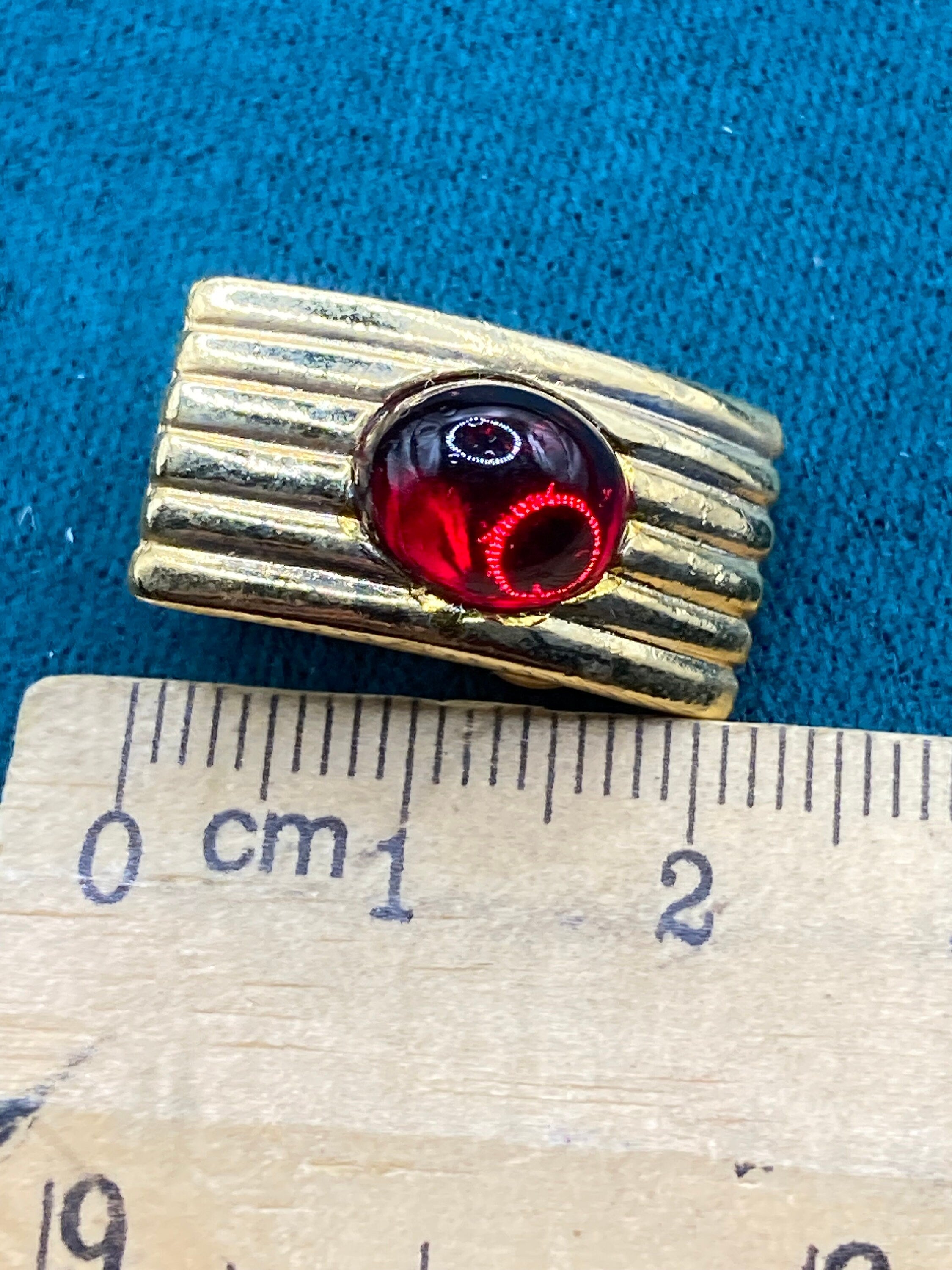 True vintage gold tone red cabochon rectangular clip on earrings, gripoix style genuine period old shop stock