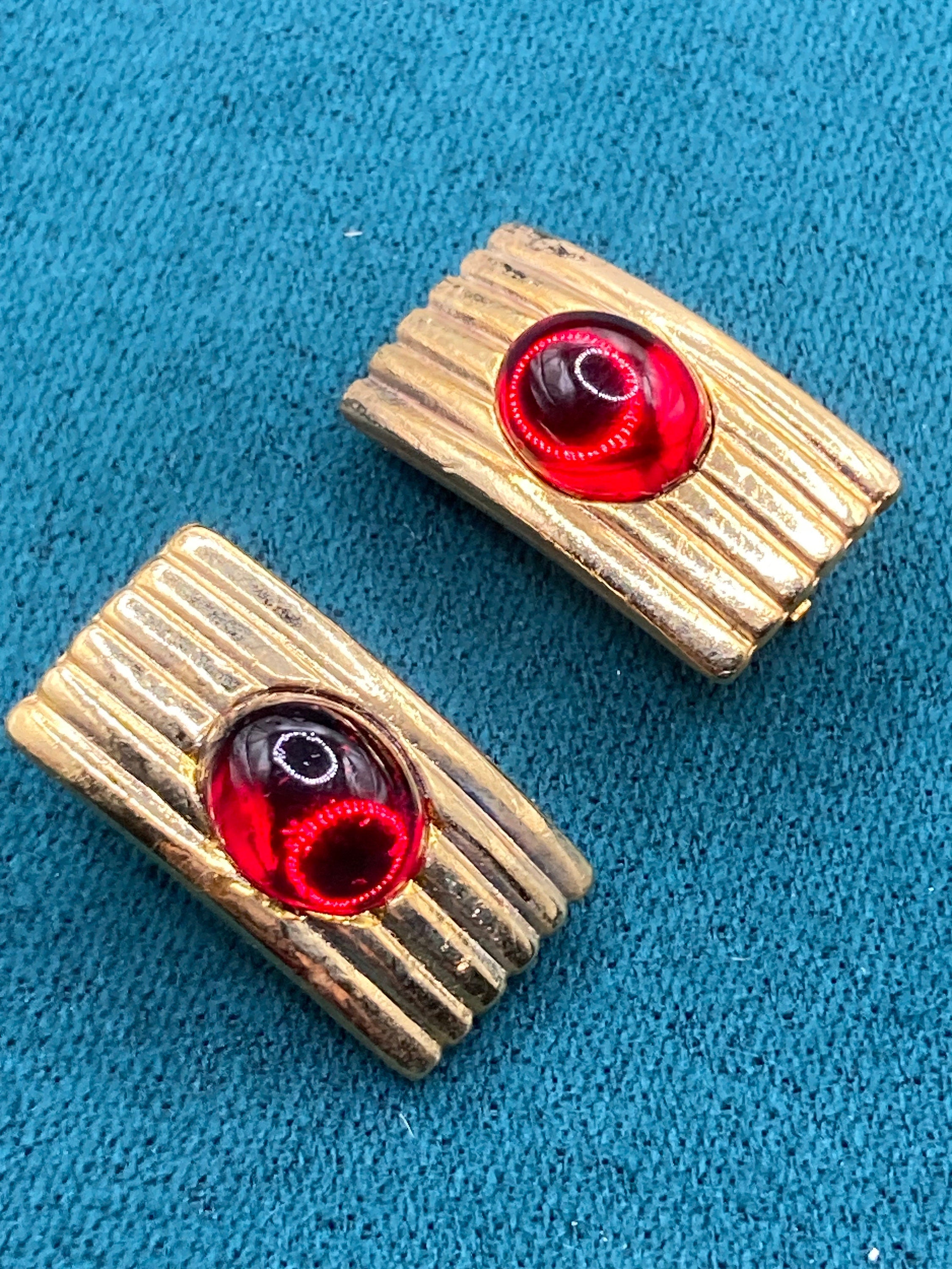 True vintage gold tone red cabochon rectangular clip on earrings, gripoix style genuine period old shop stock