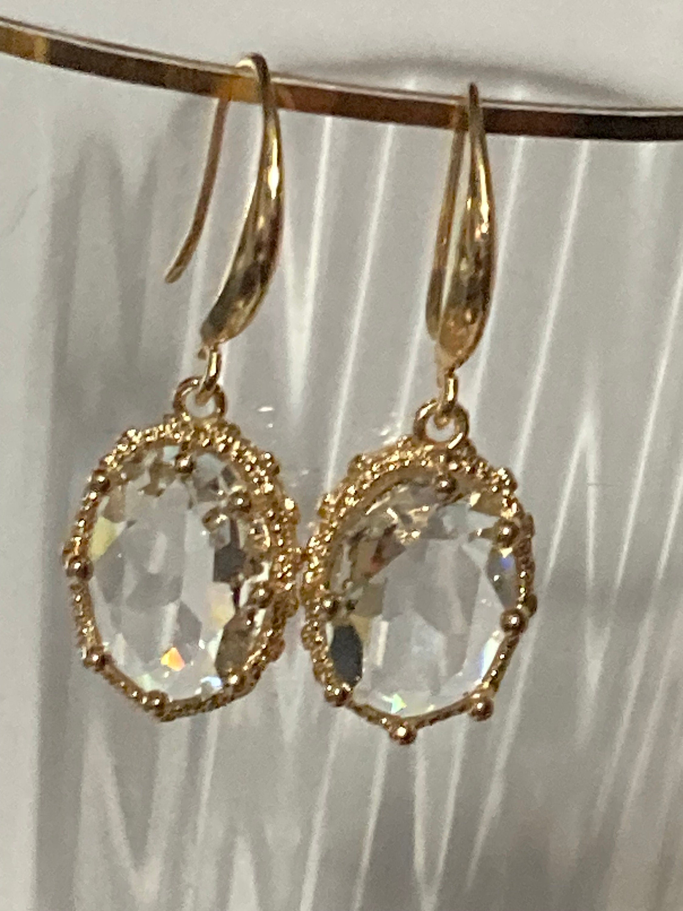 18k gold plated clear crystal diamanté cabochon drop charm earrings