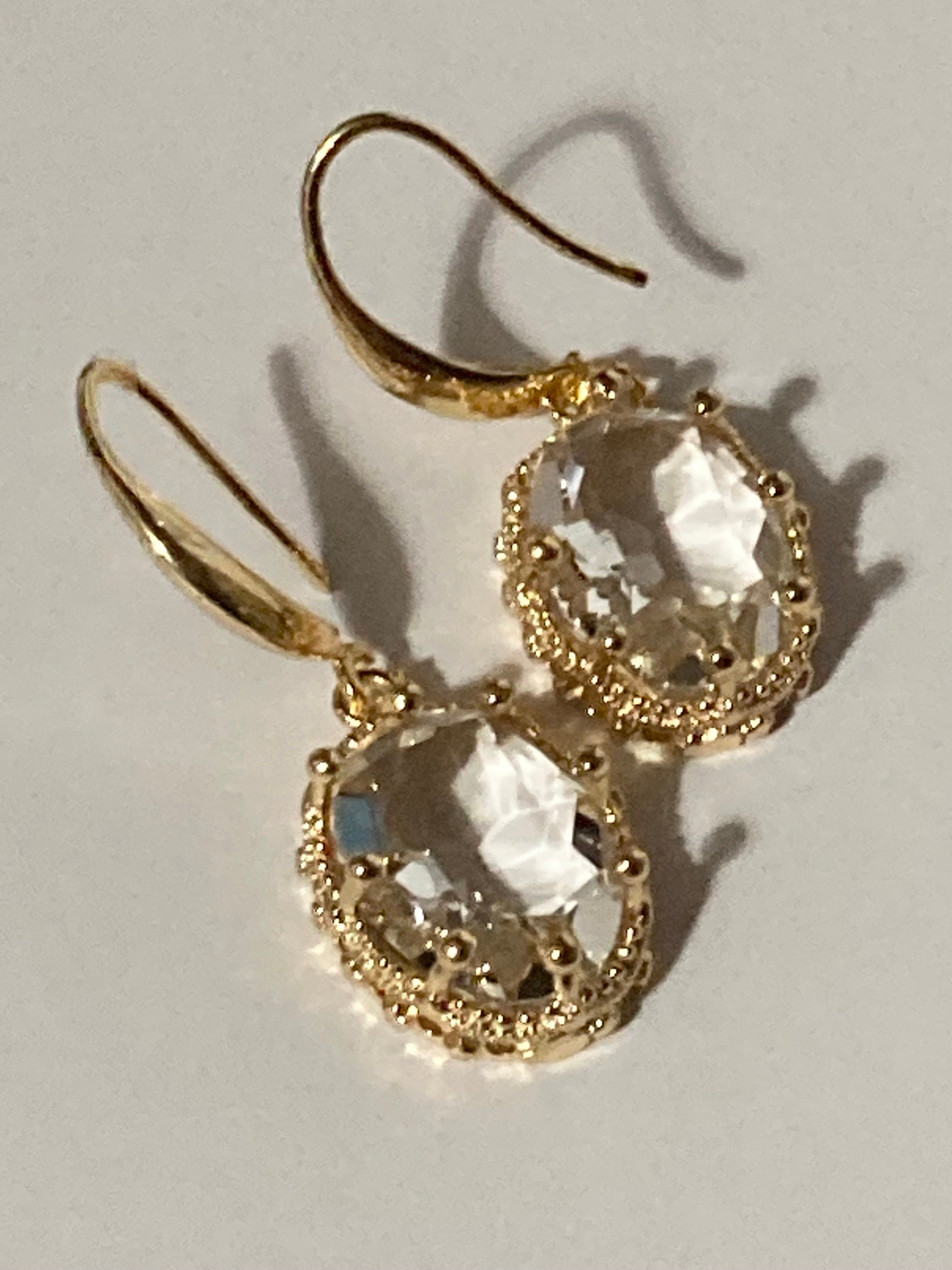 18k gold plated clear crystal diamanté cabochon drop charm earrings