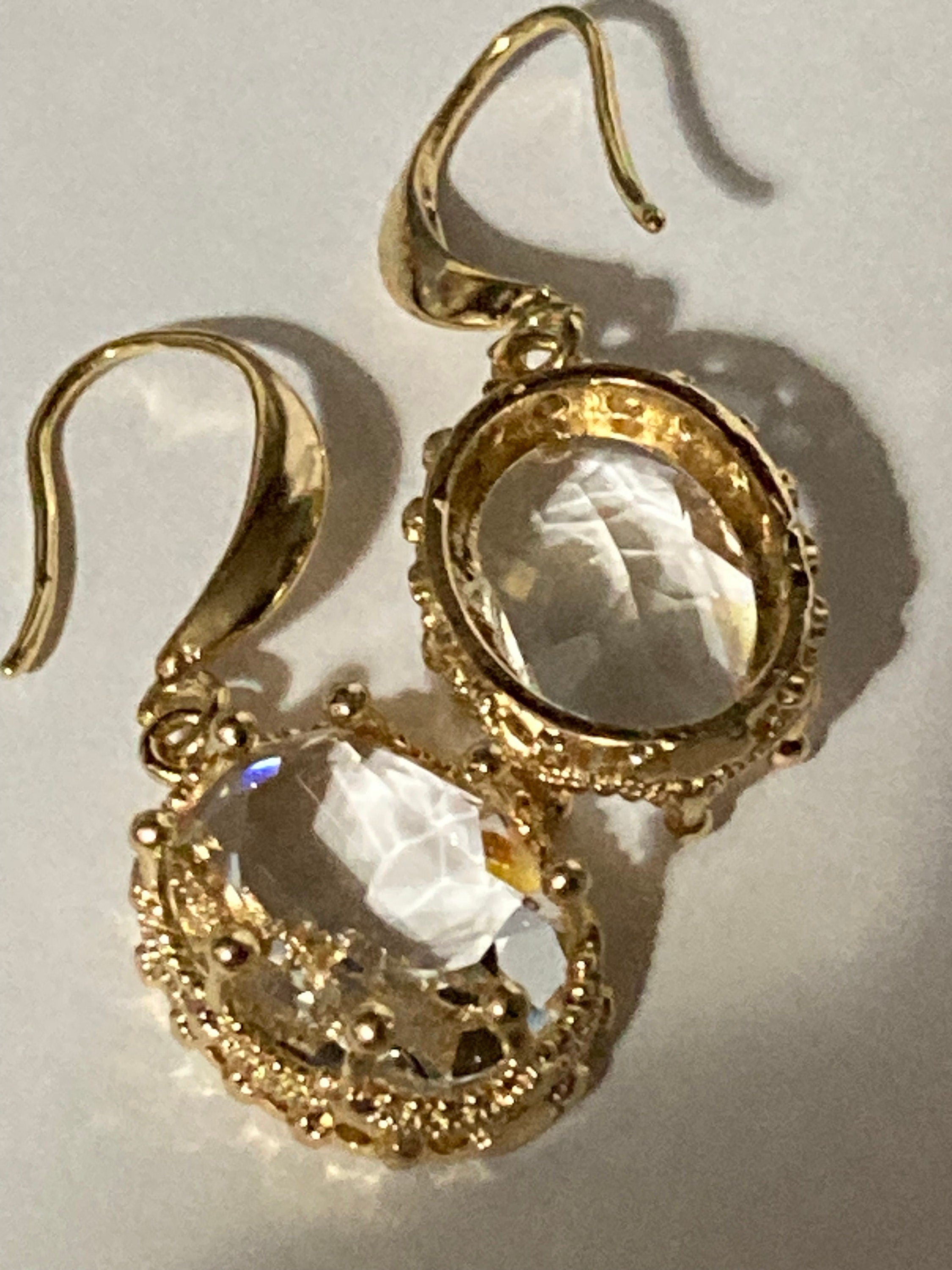 18k gold plated clear crystal diamanté cabochon drop charm earrings