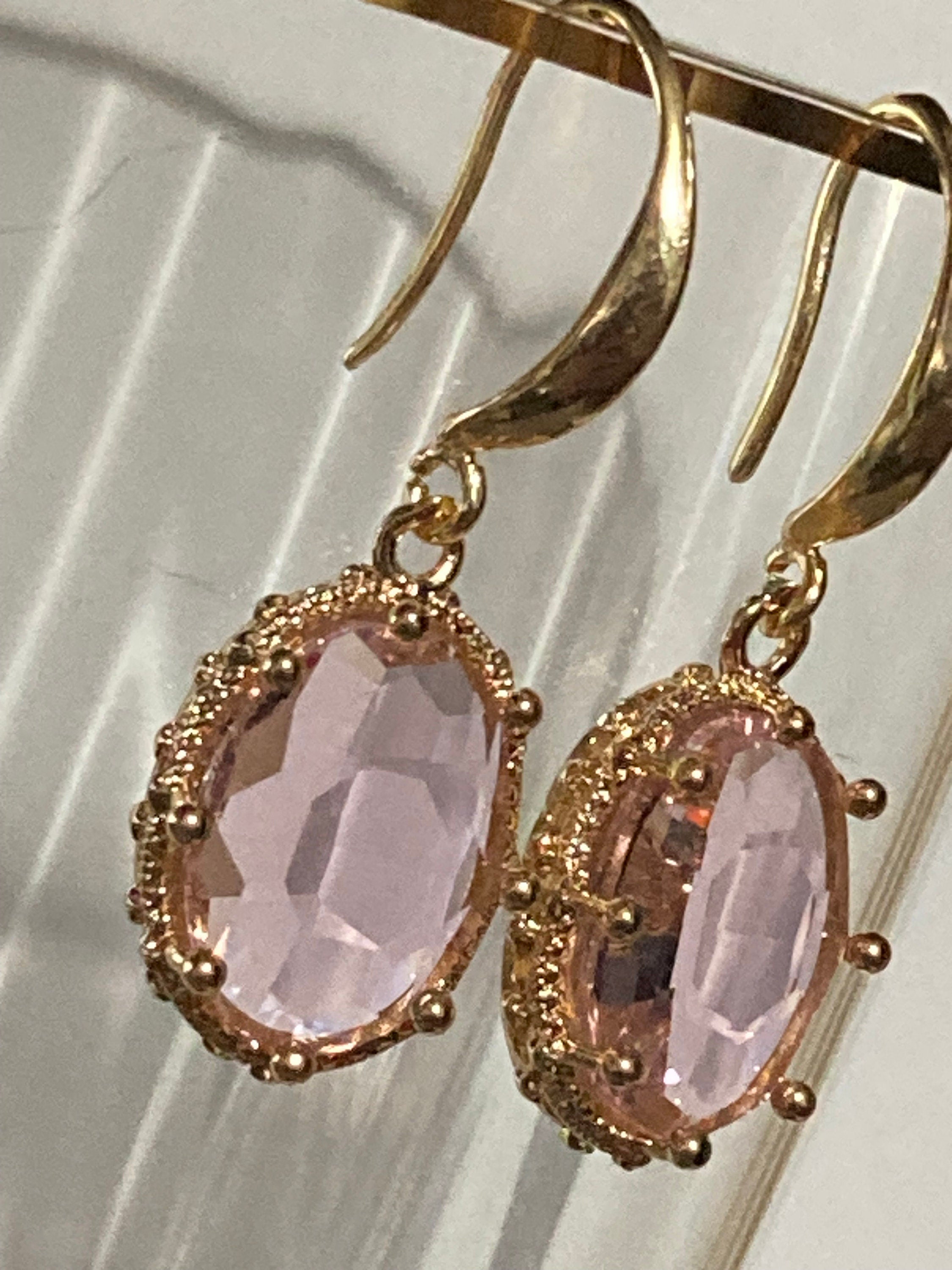 18k gold plated Soft pink crystal diamanté ornate cabochon drop charm earrings