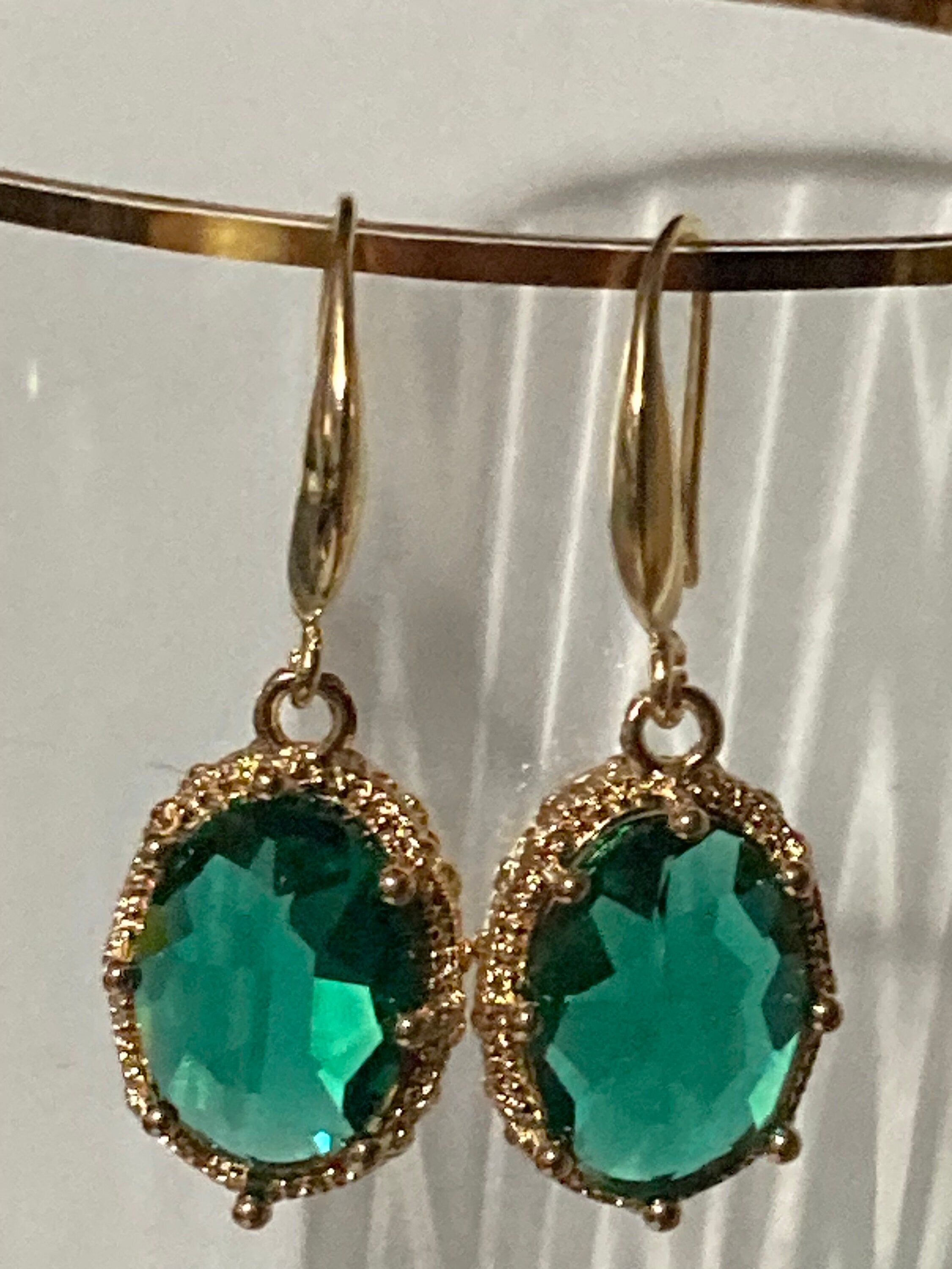 emerald green oval glass cabochon drop earrings, 18k gold plated