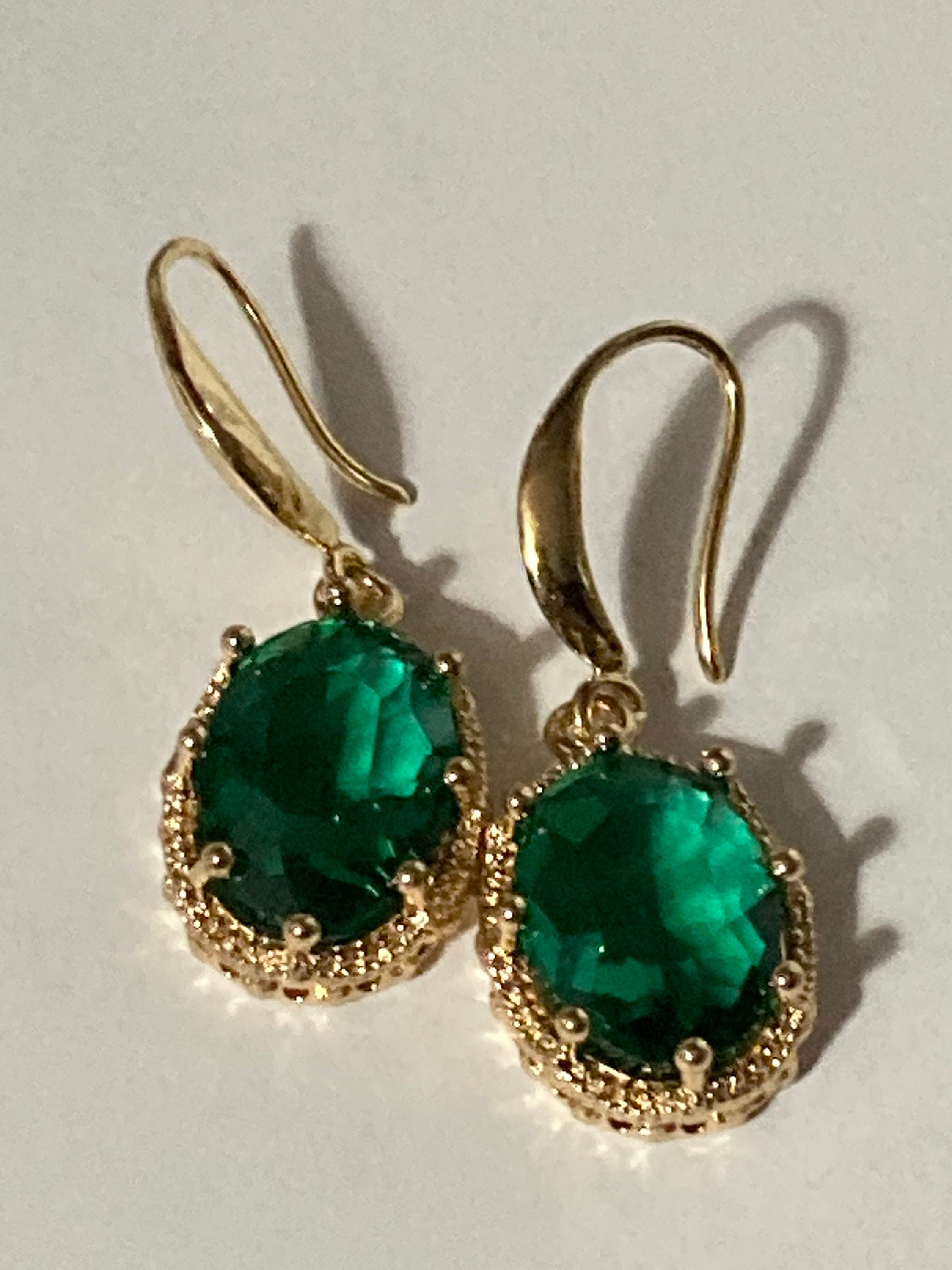 emerald green oval glass cabochon drop earrings, 18k gold plated