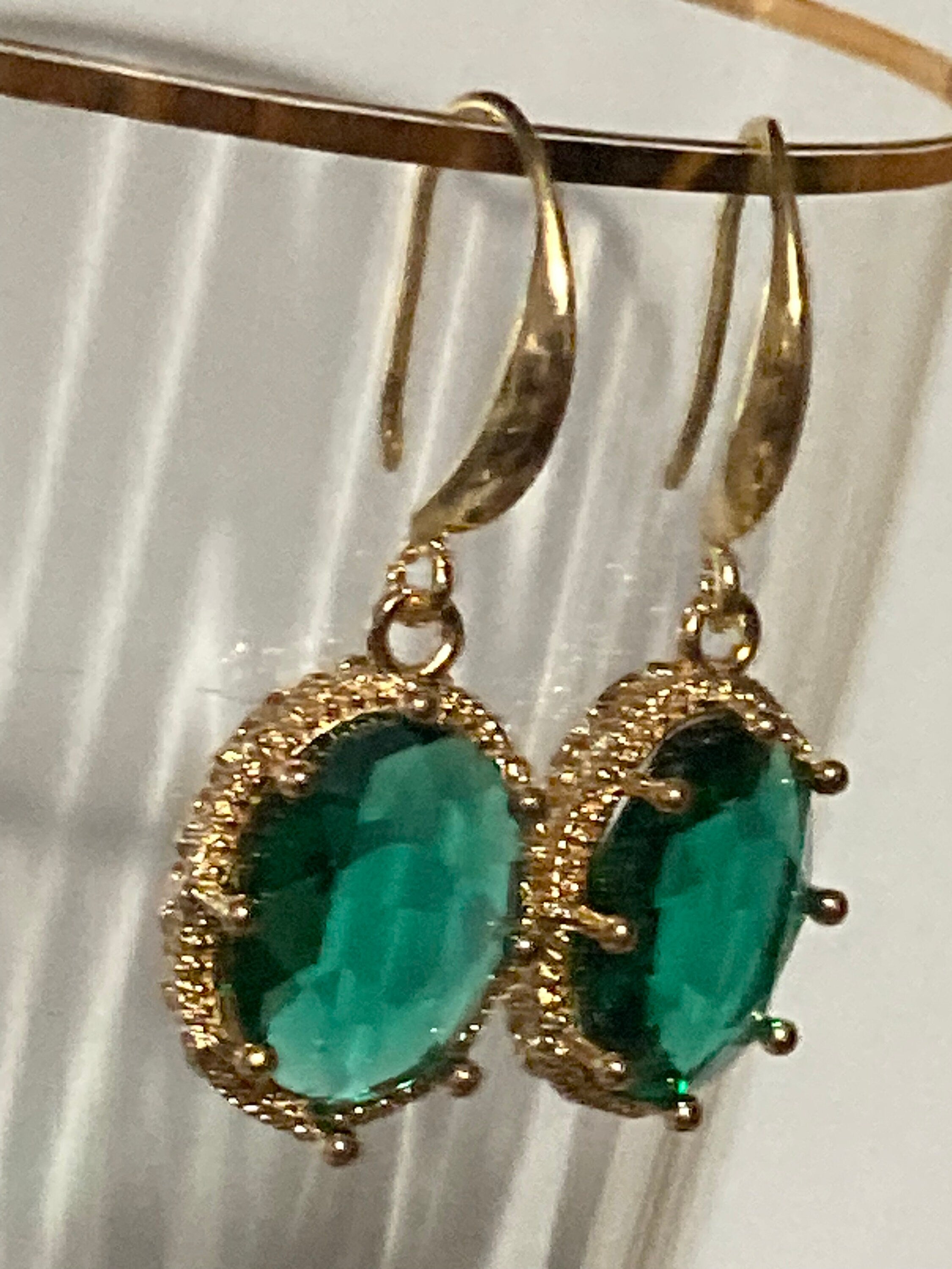 emerald green oval glass cabochon drop earrings, 18k gold plated