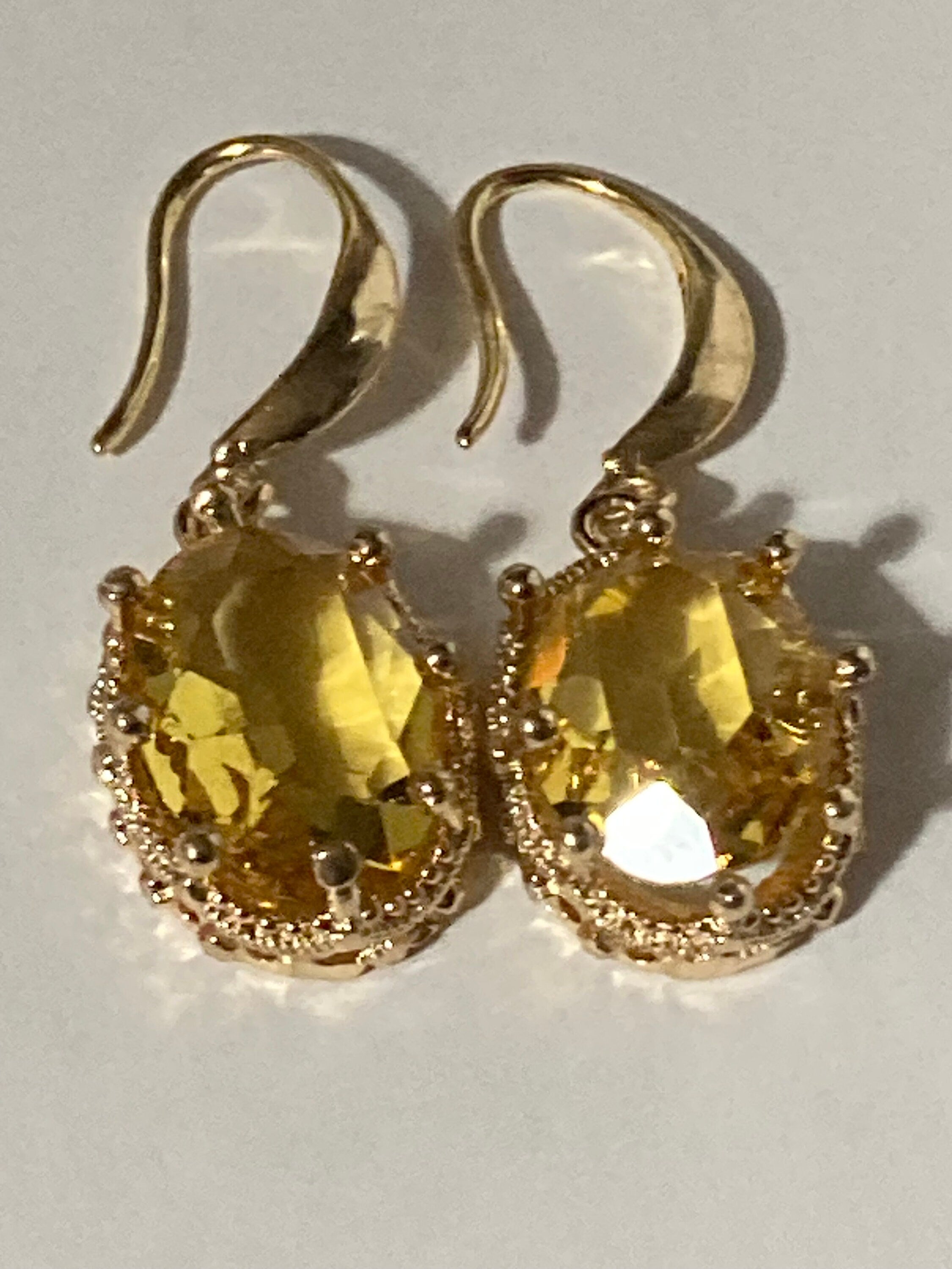 18k gold plated citrine orange yellow crystal diamanté cabochon drop charm earrings