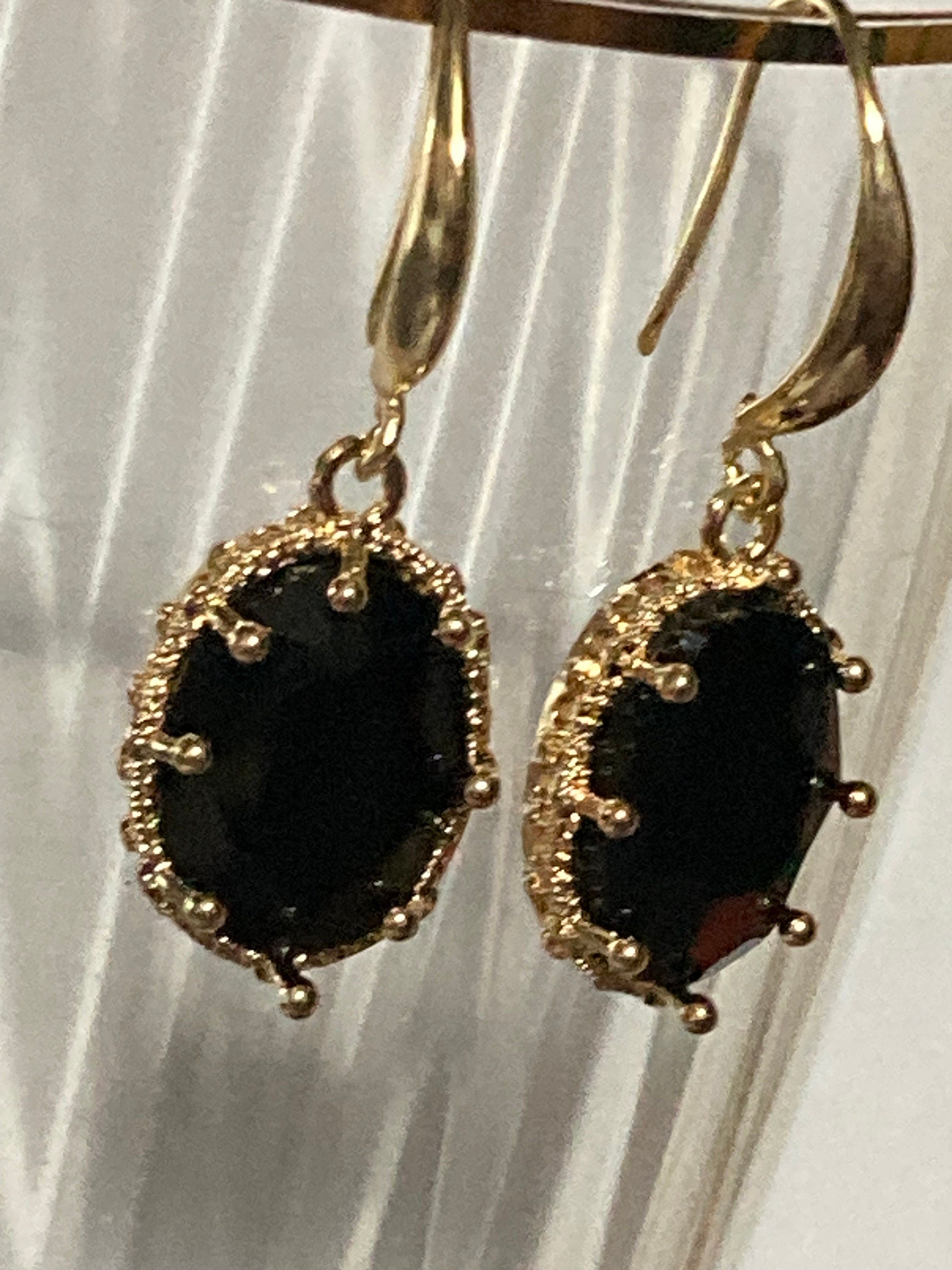 18k gold plated black glass crystal diamanté cabochon drop charm earrings
