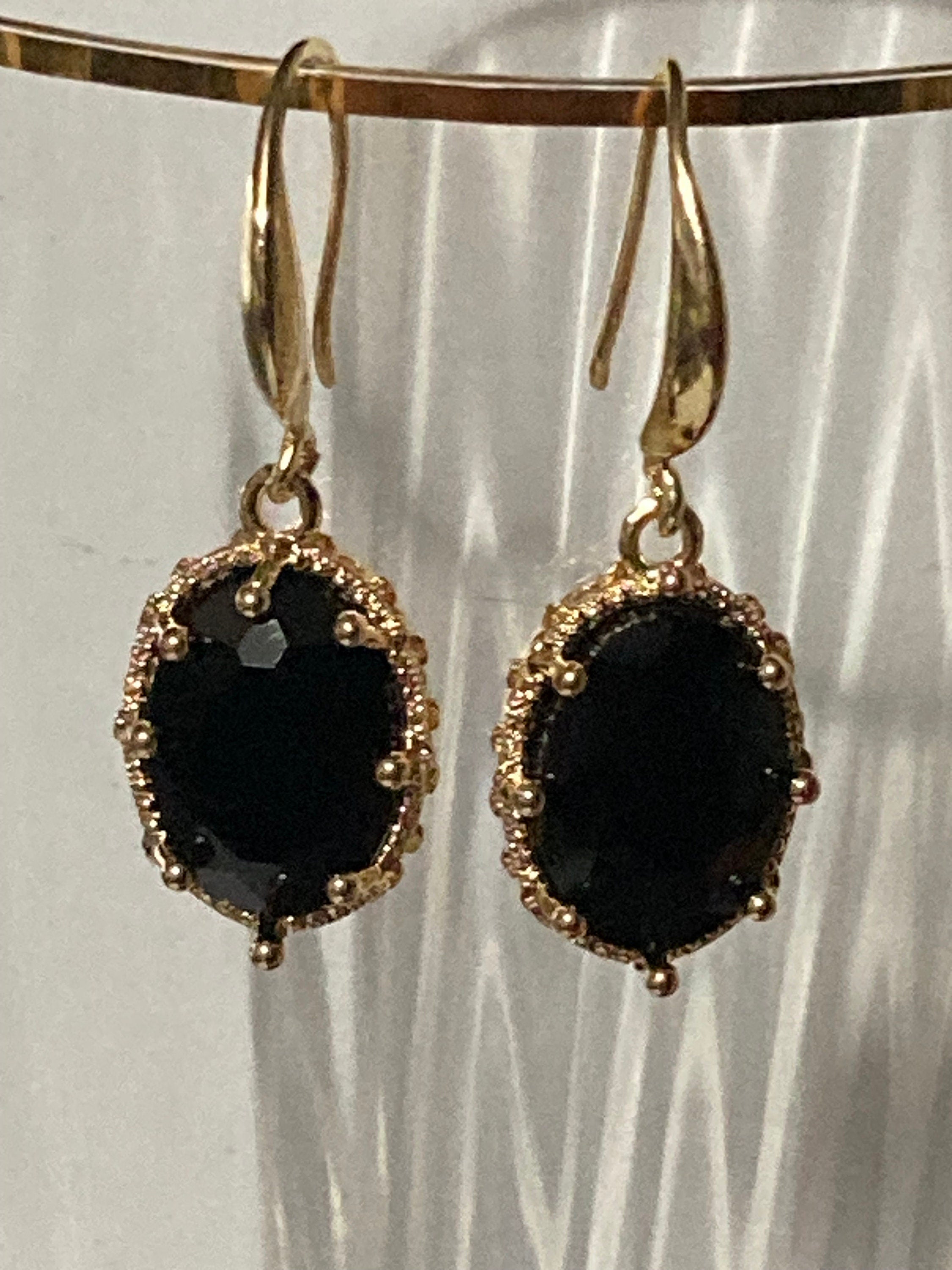 18k gold plated black glass crystal diamanté cabochon drop charm earrings