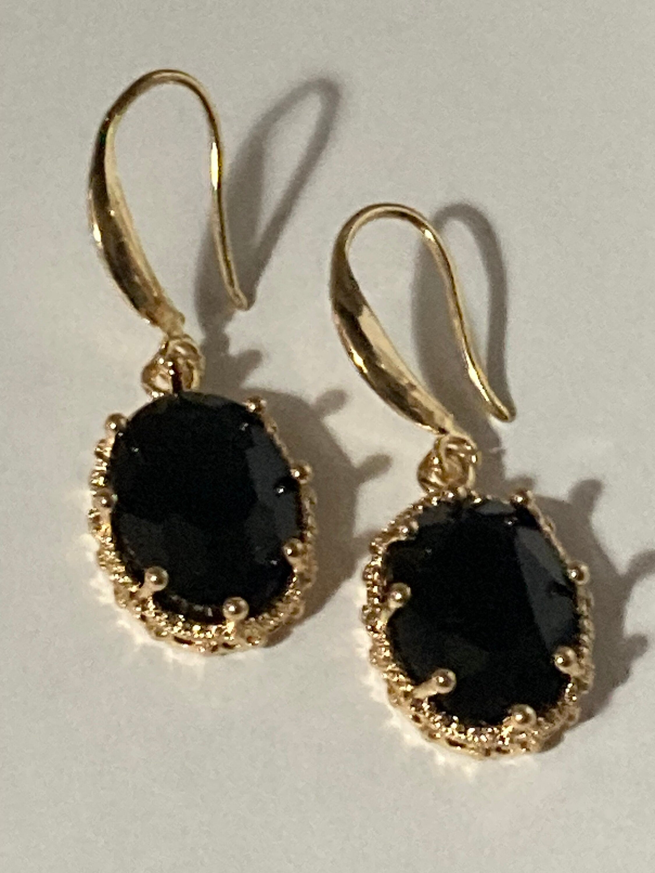18k gold plated black glass crystal diamanté cabochon drop charm earrings
