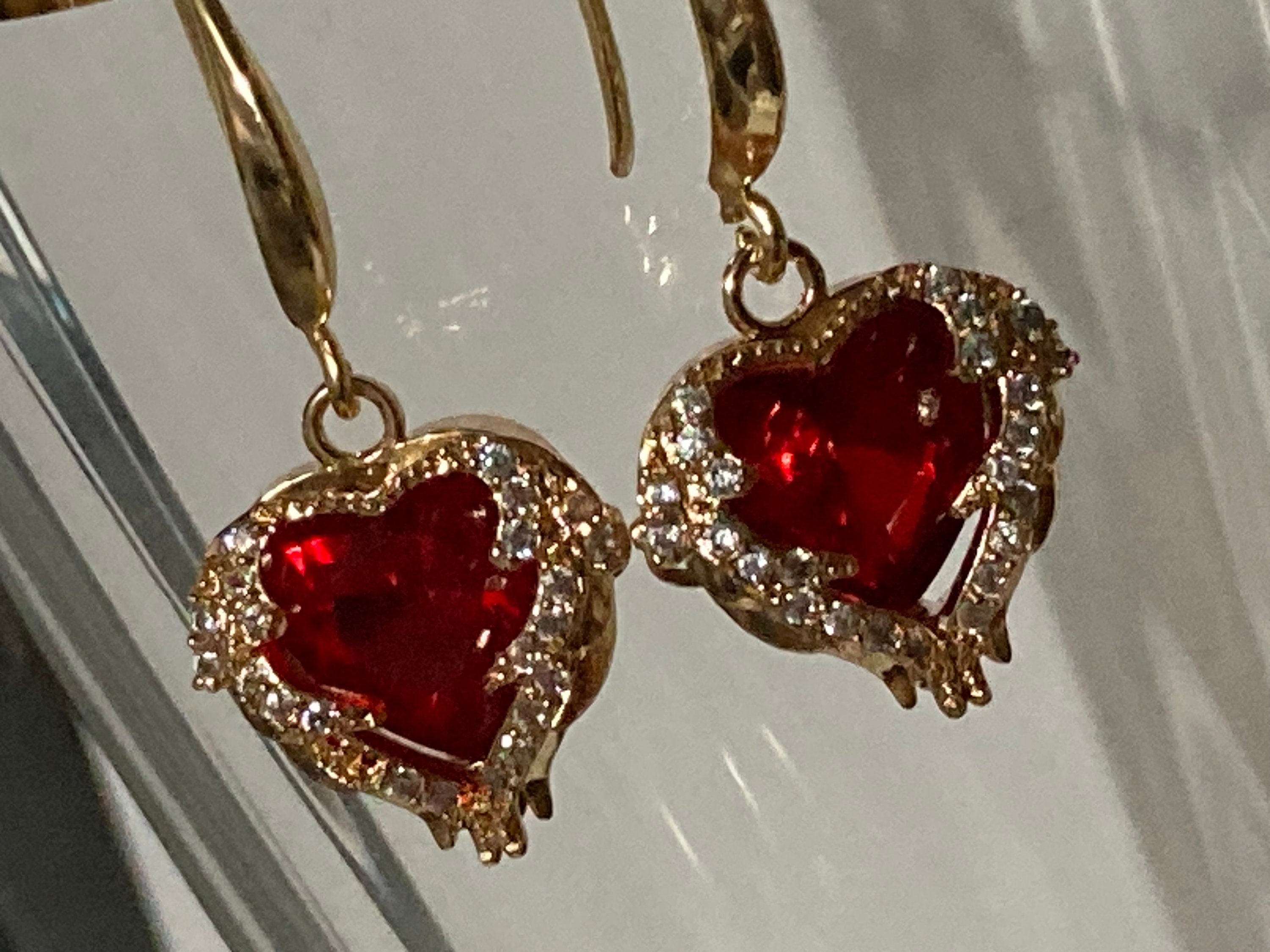 18k gold plated ruby red love heart crystal cabochon drop charm earrings