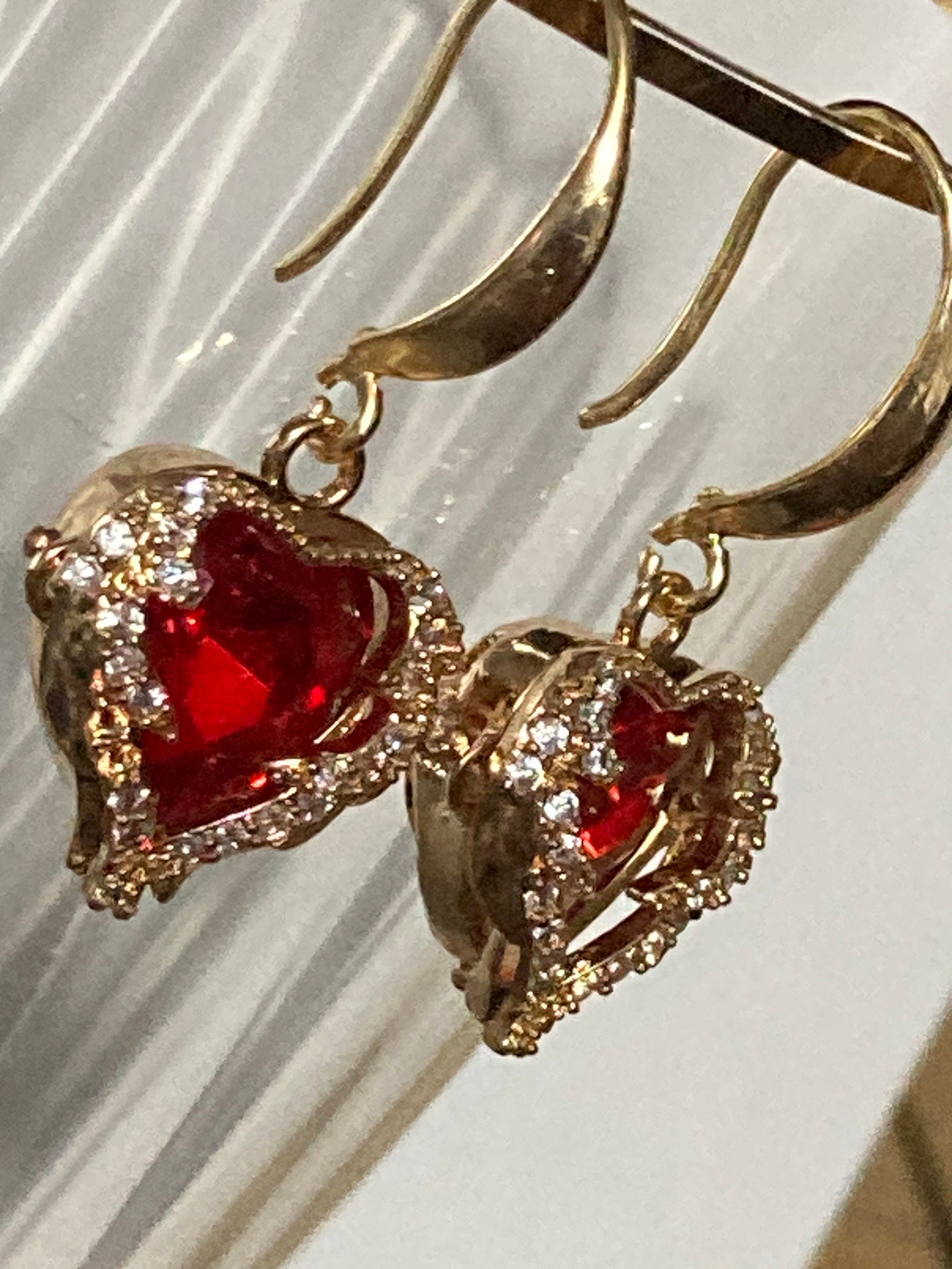 18k gold plated ruby red love heart crystal cabochon drop charm earrings