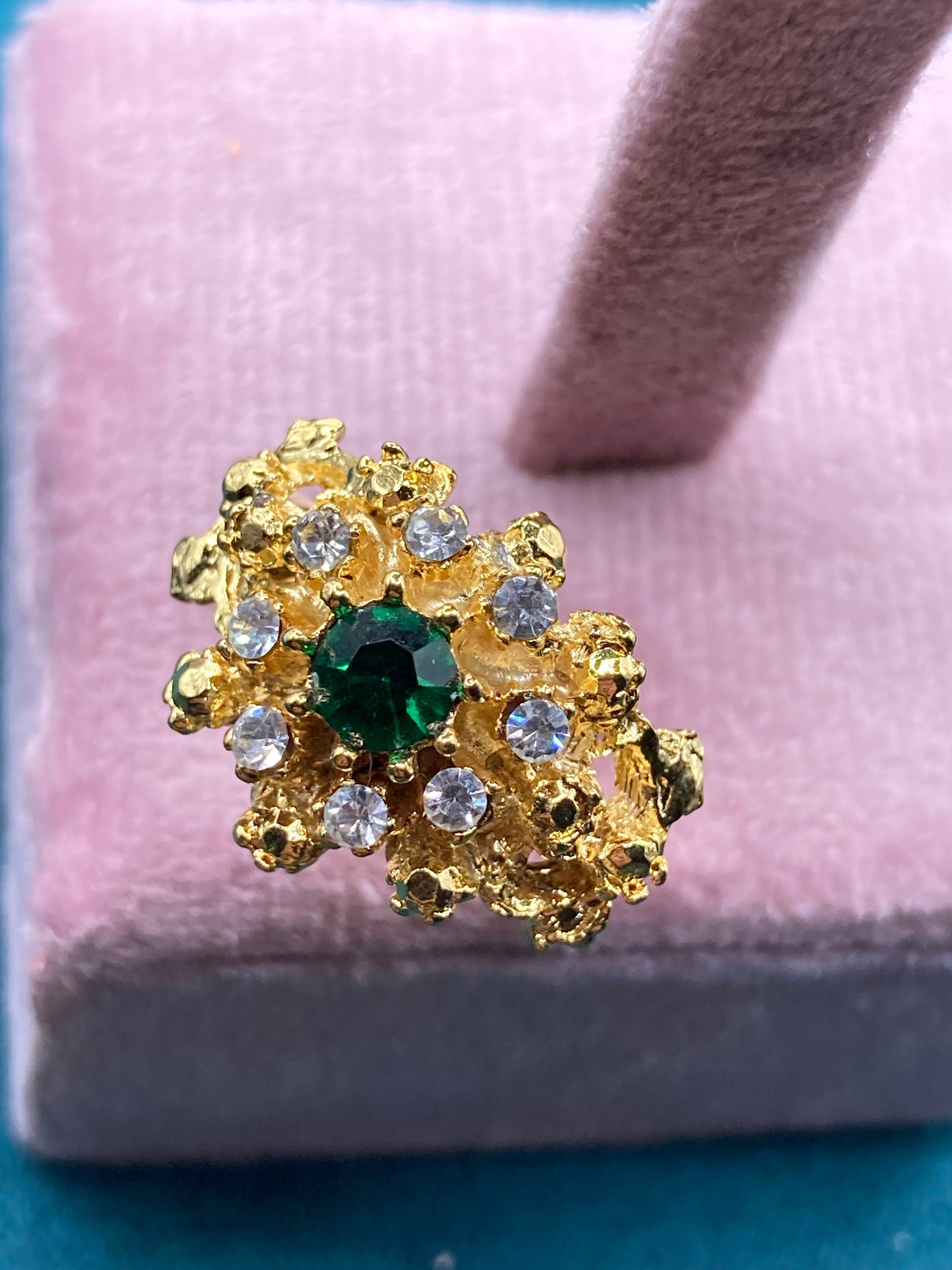 Emerald green glass diamanté vintage brutalist