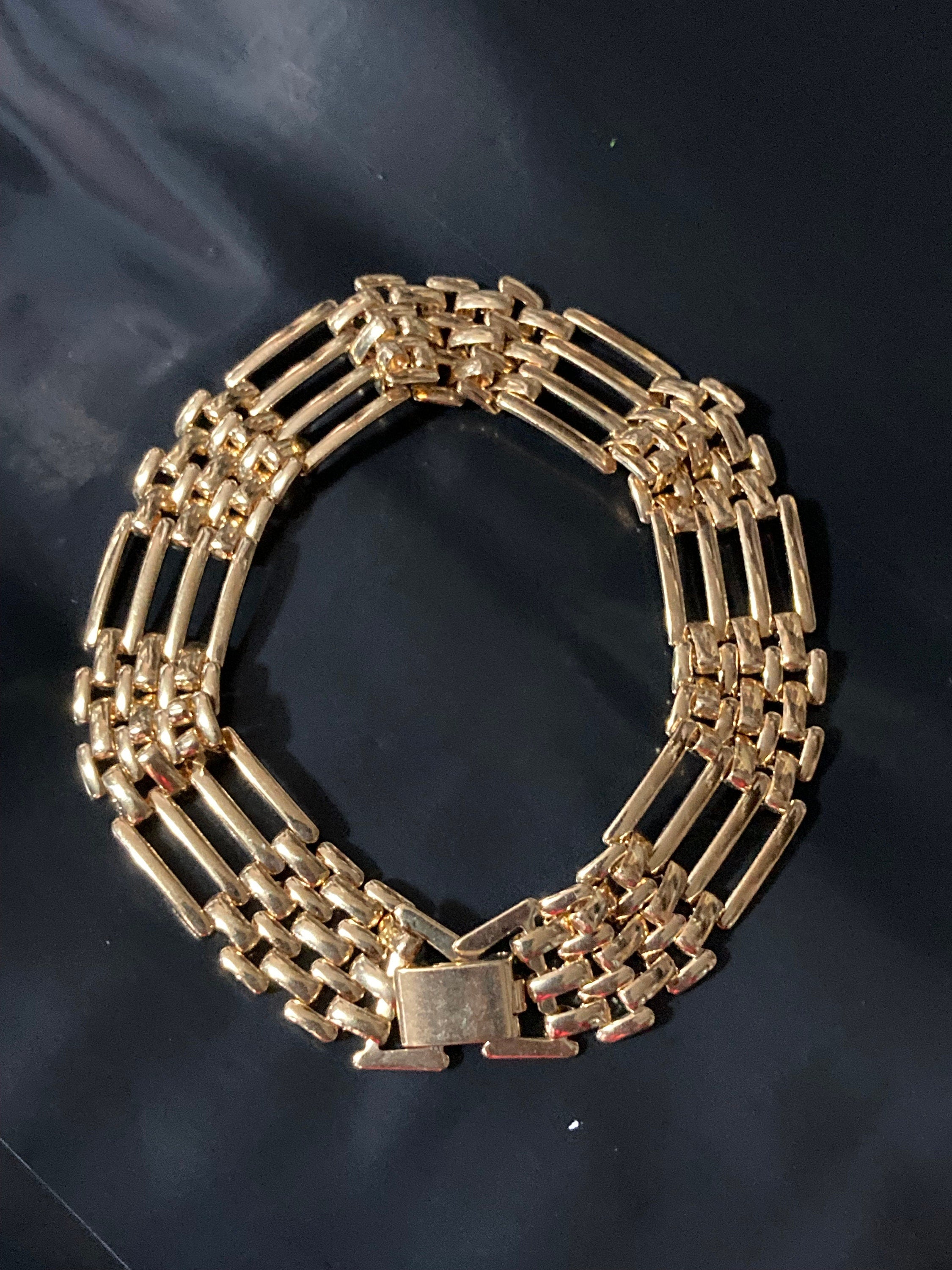 True vintage pristine 1980s gold tone plain bar link panther brick chain bracelet 20.5cm